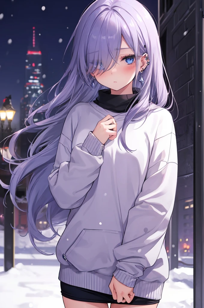 ((masterpiece:1.4, best quality:1.2)), 1girl, solo focus, beautiful skin, blush, grey sweatshirt, long Violet hair, blue eyes, earrings, Hands piercing, night, snowing, cityscape, tall female, beautiful and delicate female, comfy ambience, {detailed background}, hair over one eye, shy, sexy start to undress, naughty mood, she loves you, lost virgin, virgin