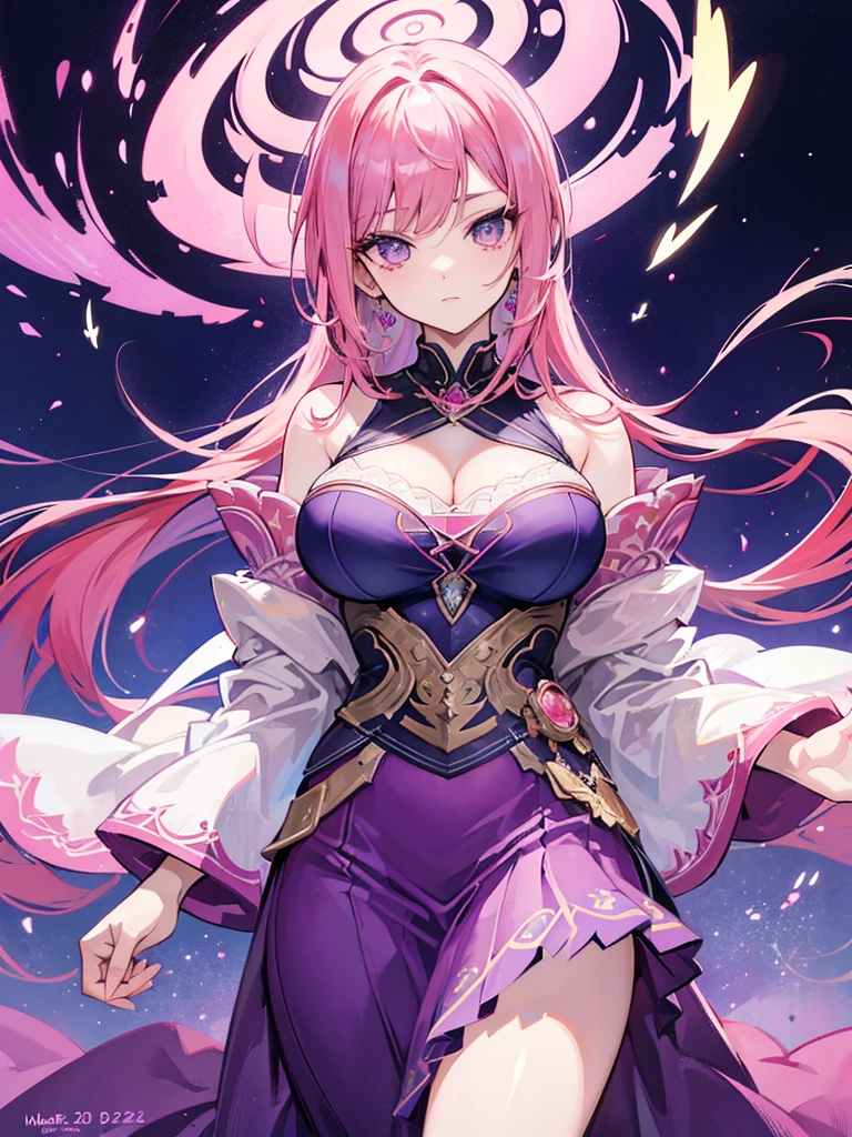 one woman, Attractive beautiful woman,charming temperament,pink haired woman,long hair woman,purple eyes,long eyelashes,busty girl,Flowing long skirt, Beauty, beautiful eyes, Perfect body structure proportional masterpiece, Super detailed, magnificent composition, Ultra-realistic painting, Super HD, high quality, 最high quality, 32k --v 6