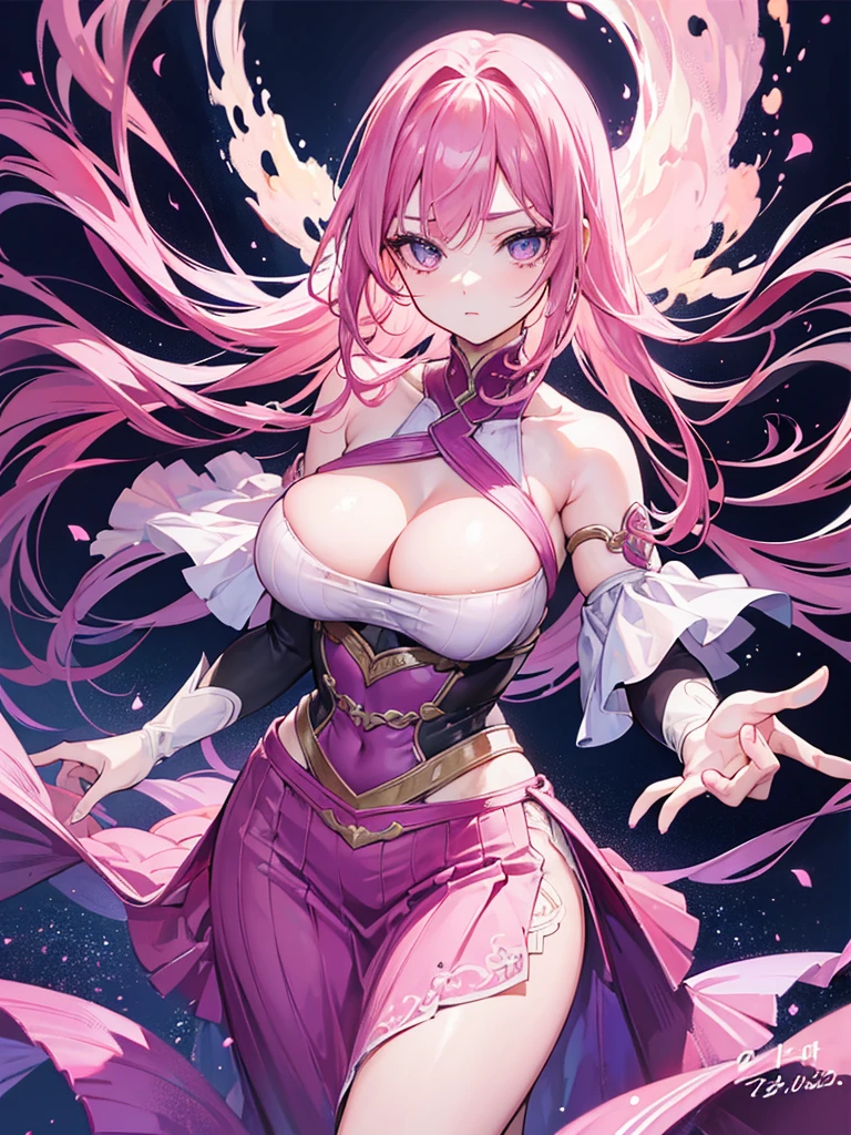 one woman, Attractive beautiful woman，charming temperament,pink haired woman，long hair woman，purple eyes，long eyelashes，busty girl，Flowing long skirt, Beauty, beautiful eyes, Perfect body structure proportional masterpiece, Super detailed, magnificent composition, Ultra-realistic painting, Super HD, high quality, 最high quality, 32k --v 6