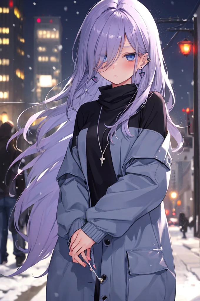 ((masterpiece:1.4, best quality:1.2)), 1girl, solo focus, beautiful skin, blush, grey sweatshirt, long Violet hair, blue eyes, earrings, Hands piercing, night, snowing, cityscape, tall female, beautiful and delicate female, comfy ambience, {detailed background}, hair over one eye, shy, sexy start to undress, naughty mood, she loves you, lost virgin, virgin