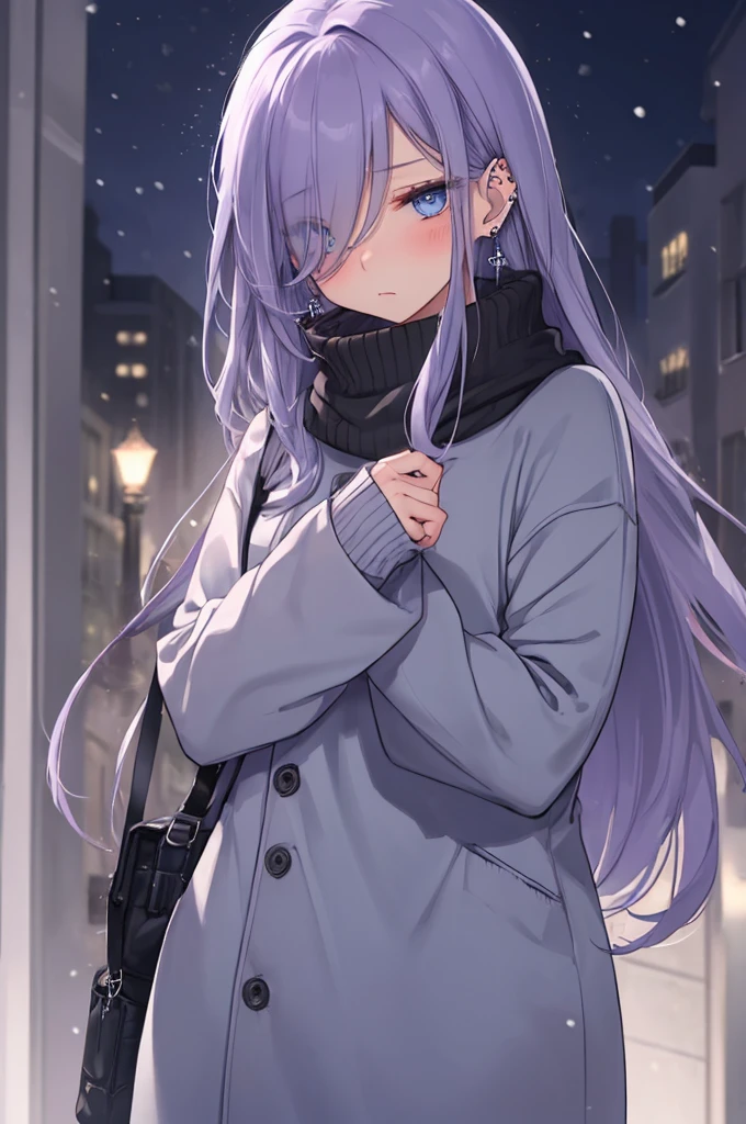 ((masterpiece:1.4, best quality:1.2)), 1girl, solo focus, beautiful skin, blush, grey sweatshirt, long Violet hair, blue eyes, earrings, Hands piercing, night, snowing, cityscape, tall female, beautiful and delicate female, comfy ambience, {detailed background}, hair over one eye, shy, sexy start to undress, naughty mood, she loves you, lost virgin, virgin