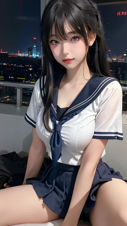 play sports often, (navy blue sailor uniform:1.2), (cleavage:1.0)、No panties, (Cyberpunk settings: 1.2), compensate,, (1 girl: 1.4), highest quality, masterpiece, (reality: 1.2), young woman, lady, detailed face, fine eyes, fine hair, fine skin, looking at the viewer, dramatic, vibrant, sharp focus, 50mm, f1.2, EOS R8, (3/4 body: 1.2), (With Akihabara in the background: 1.6), (highest qualityの詳細: 1.2), 8K HD,(spread legs:1.2),