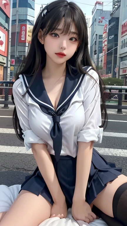 play sports often, (navy blue sailor uniform:1.2), (cleavage:1.0)、No panties, (Cyberpunk settings: 1.2), compensate,, (1 girl: 1.4), highest quality, masterpiece, (reality: 1.2), young woman, lady, detailed face, fine eyes, fine hair, fine skin, looking at the viewer, dramatic, vibrant, sharp focus, 50mm, f1.2, EOS R8, (3/4 body: 1.2), (With Akihabara in the background: 1.6), (highest qualityの詳細: 1.2), 8K HD,(spread legs:1.2),