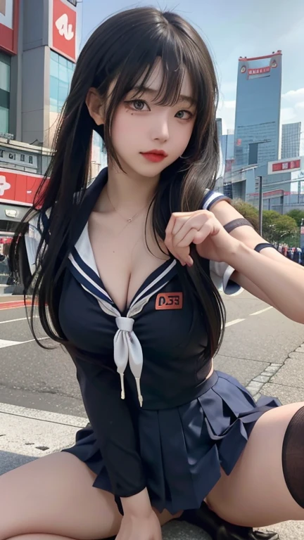 play sports often, (navy blue sailor uniform:1.2), (cleavage:1.0)、No panties, (Cyberpunk settings: 1.2), compensate,, (1 girl: 1.4), highest quality, masterpiece, (reality: 1.2), young woman, lady, detailed face, fine eyes, fine hair, fine skin, looking at the viewer, dramatic, vibrant, sharp focus, 50mm, f1.2, EOS R8, (3/4 body: 1.2), (With Akihabara in the background: 1.6), (highest qualityの詳細: 1.2), 8K HD,(spread legs:1.2),