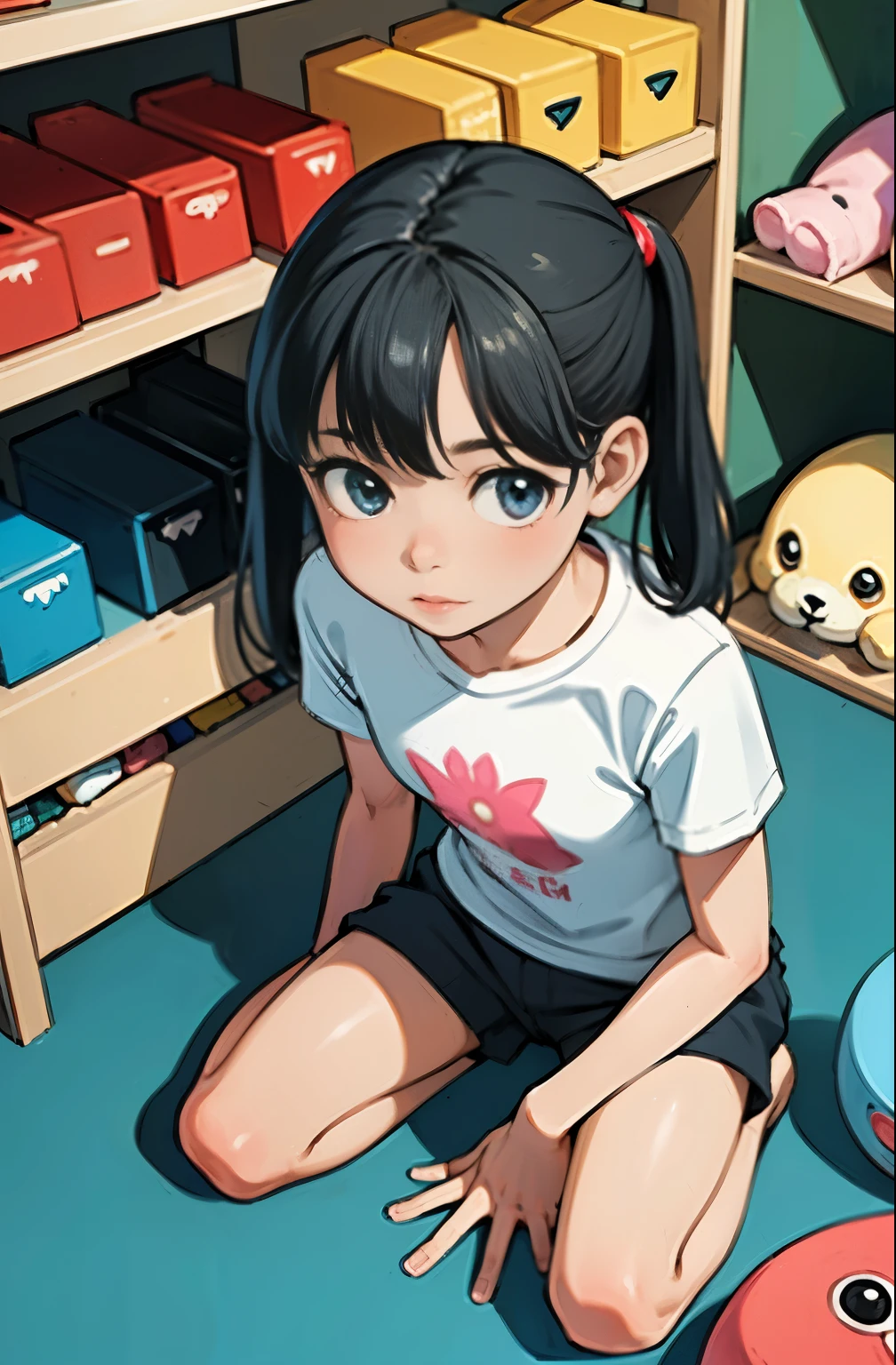 (masterpiece, highest quality), (colorful:1.4), From above, alone, One girl crouching on the ground in a store with a lot of stuffed animals on the shelves, Depth of bounds written,whole head,Pinky T-shirt,cute,