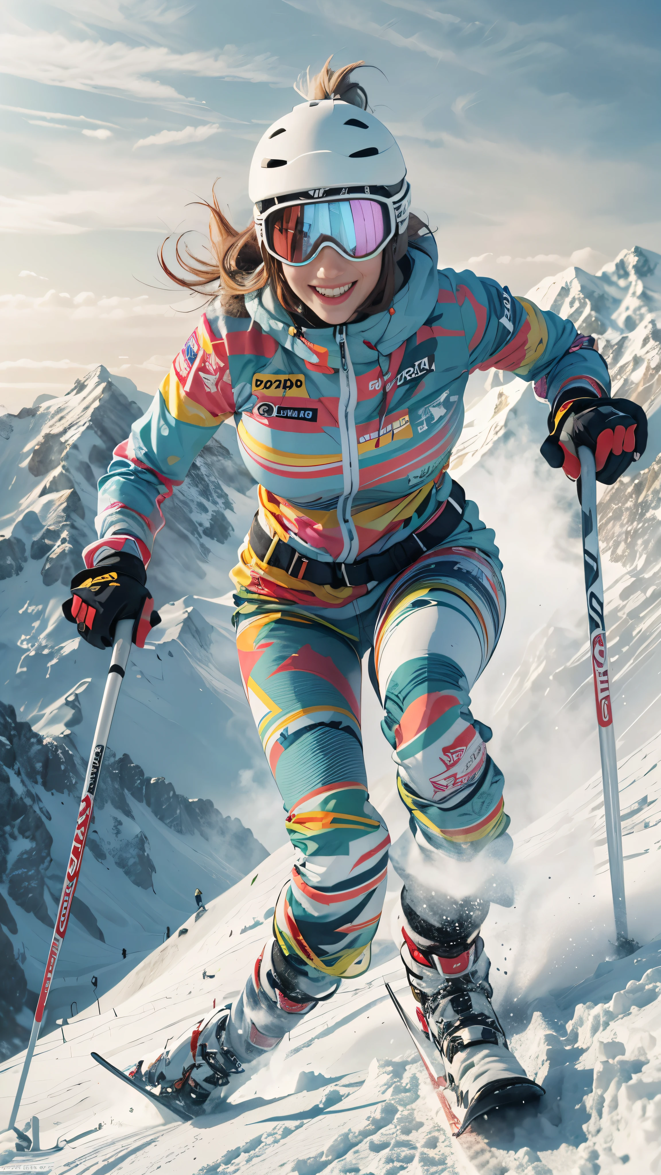 8K, highest quality, High resolution, realistic, real person, female skier, While smiling happily、Ski down breathtaking ski slopes. She wears stylish ski wear and accessories, Her skis have artistic patterns, big breasts, cleavage, beautiful feet, beautiful girl