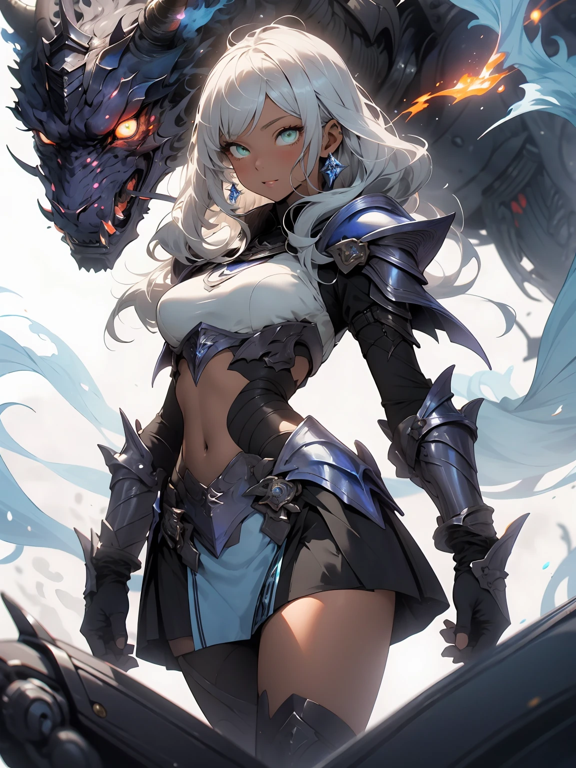 be realistic，（masterpiece，highest quality，highest quality，very detailed，fractal art，most detailed，（abstract background：1.5）（1 girl），Kamimei，（hair length），（green eyes shine、Breasts get bigger，stunned)，crystallization，sexy、machine armor、tanned skin、Blake、Devil's horn、berserk , (burning blue flame:1.4),(mini skirt)
