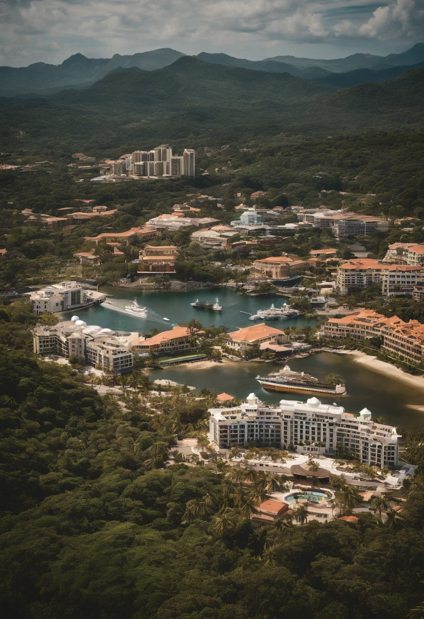 tropical island, front aerial view, with port, cruise ship, shopping center and several resort buildings.