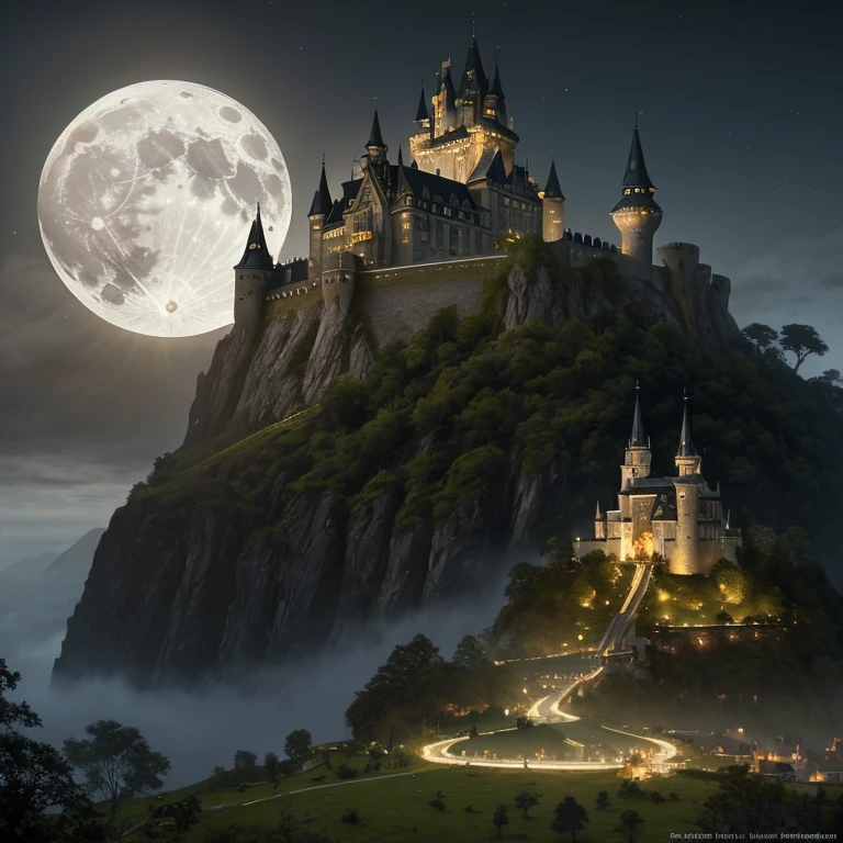 uma mulher rainha gelo, realista foto of a castle on a hill with a full moon in the background, sociedade cg, Fantasia art, Fantasia, Fantasia, Epic hyper-detailed ultra-wide masterpiece, still cinematic , glamour hiper disparo , Bokeh, Pre-Raphaelite, foto, realista, 35mm, fotography , 8k resolution , 8k, cinematic lighting, fotographic, Eastman Kodak Color Negative filme 5251 50T filmado em panavision super , arte de Bagshaw Tom, Stanley, Greg Rutkowski, Thomas Kindkade, Norman Rockwell