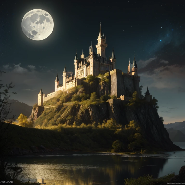 uma mulher rainha gelo, realista foto of a castle on a hill with a full moon in the background, sociedade cg, Fantasia art, Fantasia, Fantasia, Epic hyper-detailed ultra-wide masterpiece, still cinematic , glamour hiper disparo , Bokeh, Pre-Raphaelite, foto, realista, 35mm, fotography , 8k resolution , 8k, cinematic lighting, fotographic, Eastman Kodak Color Negative filme 5251 50T filmado em panavision super , arte de Bagshaw Tom, Stanley, Greg Rutkowski, Thomas Kindkade, Norman Rockwell