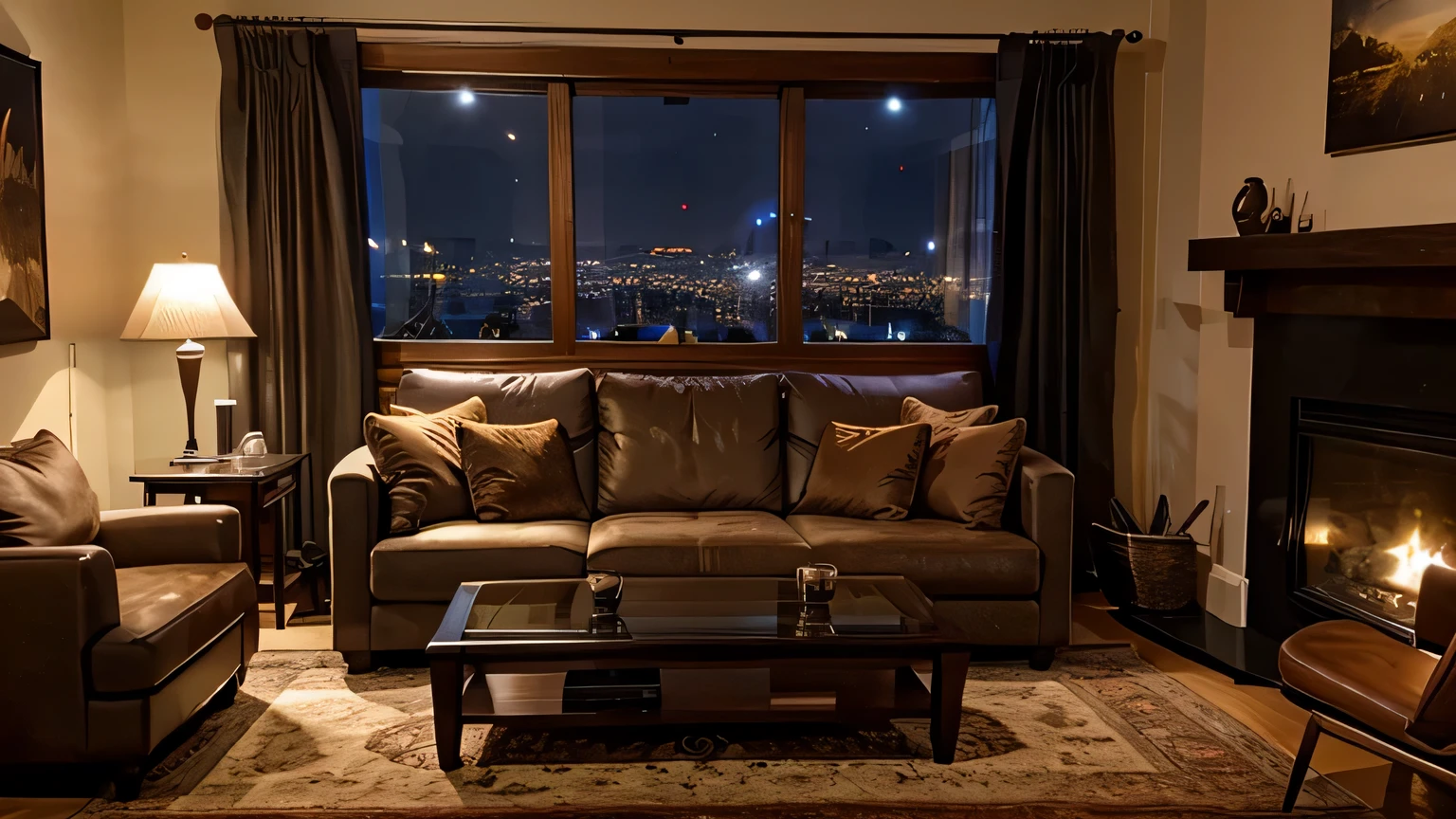 (a cozy,luxurious,comfortable),nighttime scene,living room at home, sofa, coffee table, fireplace, bookshelf, soft lighting, warm colors, elegant decor, plush carpet, large windows, moonlit sky, city view, glass of wine, relaxing atmosphere, peaceful ambiance, flickering candles, cozy blanket, wooden furniture, art on the walls, soothing music