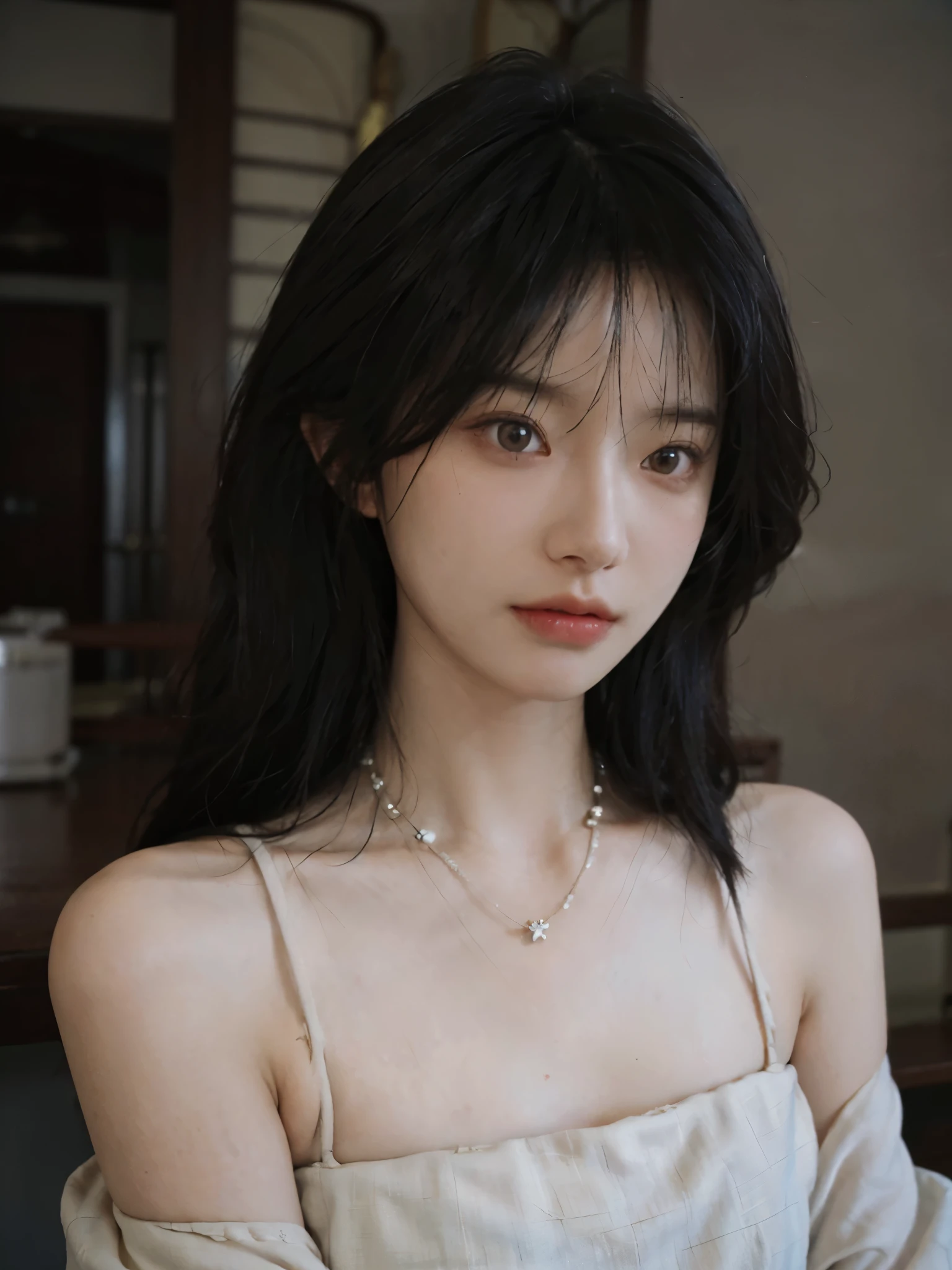 Film portrait photography, 2 girls, bare shoulders, Shoulder length wavy hair,necklace,Acting cute, serene, calm, (Realistic and detailed eyes, natural skin texture, Realistic facial details), Soft dramatic lighting, depth of field, Bokeh, Vibrant details, Detailed and detailed, surreal, 35mm film, hazy, ,