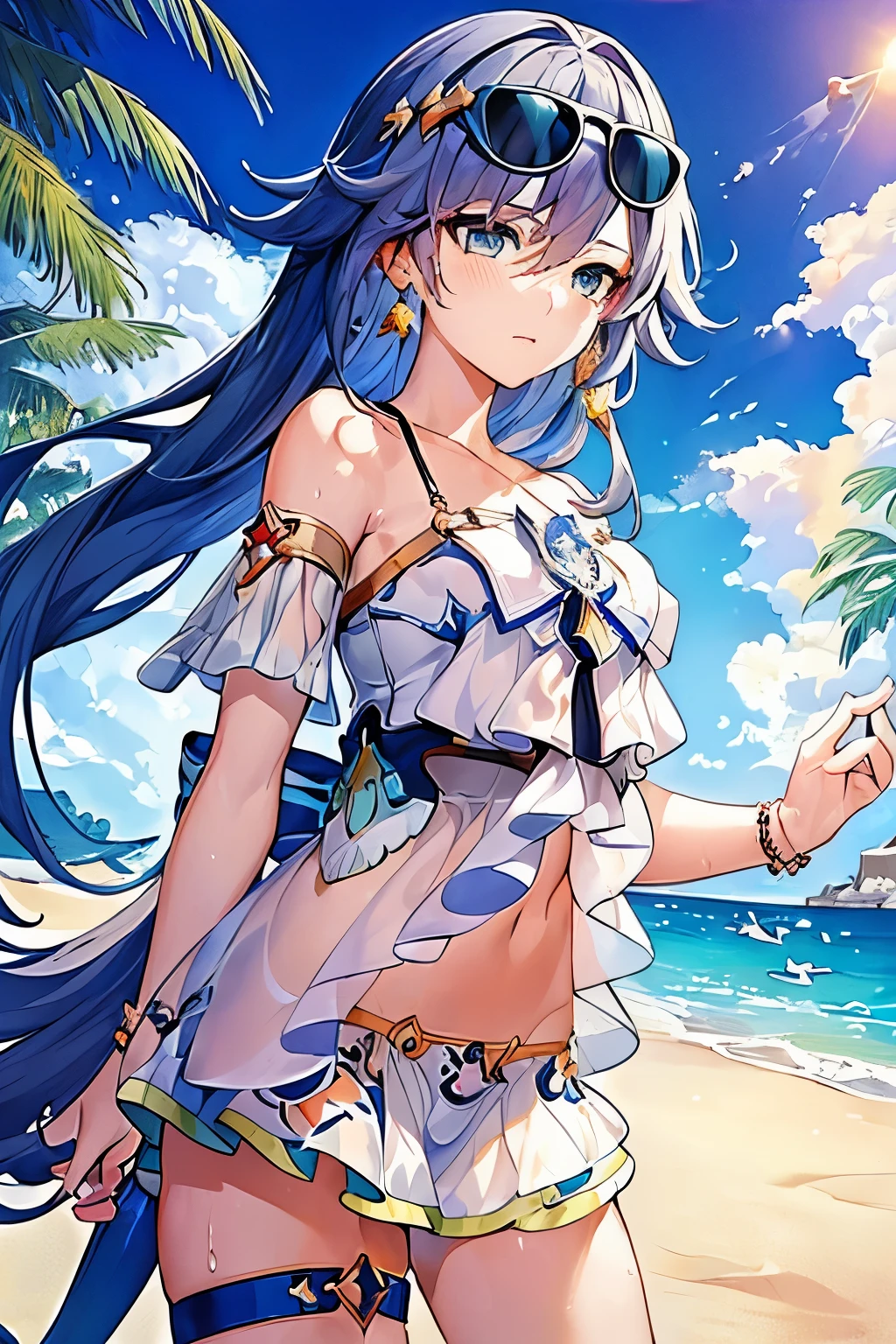 (masterpiece, top quality, best quality, official art, beautiful and aesthetic:1.2),extreme detailed,(fractal art:1.3),long hair,blue eyes,small breasts,  Fu Hua(Seagull),1girl,solo,swimsuit,sunglasses,ponytail, sea,water,sand,beach,night,moonlight,star \(sky\), midnight,face,