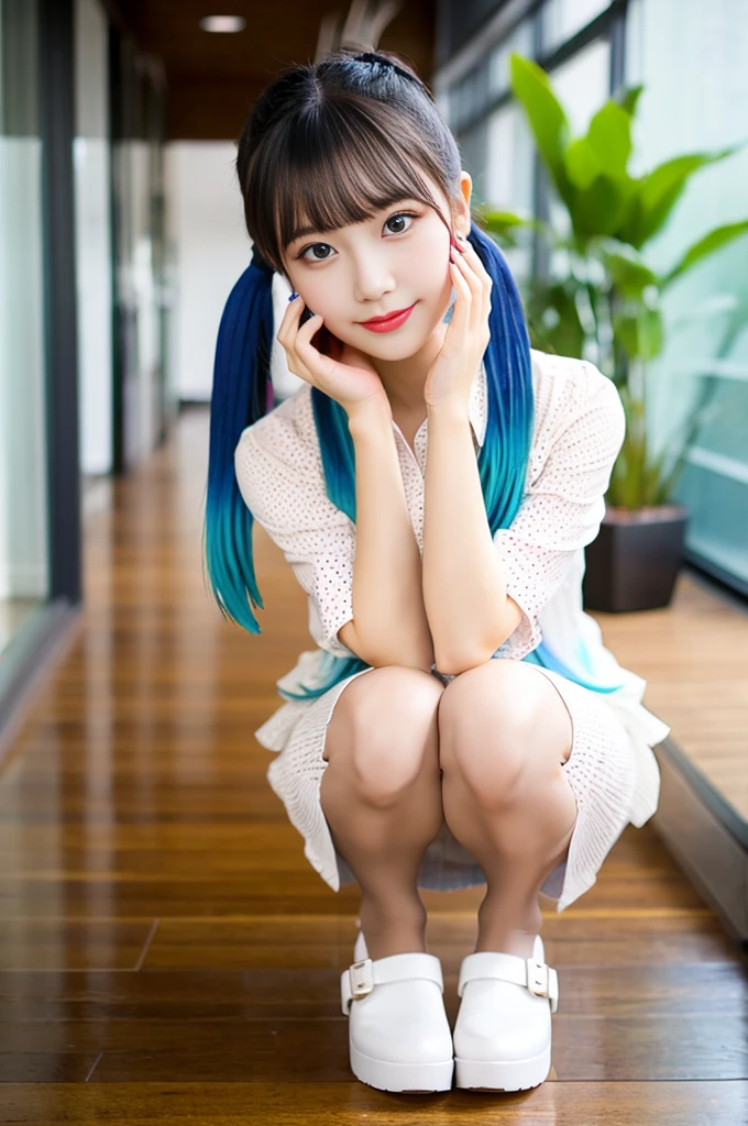 cute rainbow colored hair, idol sculpture, With iridescent hair, ribbon in her hair, idol face、26 year old female, Happy, With twin tails, Perfect symmetrical eyes,green eyes、 clear shining blue eyes, white skin, Silky smooth skin, stand on something flashy, luxury spaceship, big futuristic hallway, Control panel, wood trim, Decorative plants, warm lighting, wearing a futuristic party dress, pleats (shirt) mini dress (Pastel rainbow colors, and polka dots), wearing pantyhose all over, Cute short boots、swimsuit、random pose、random sexy pose