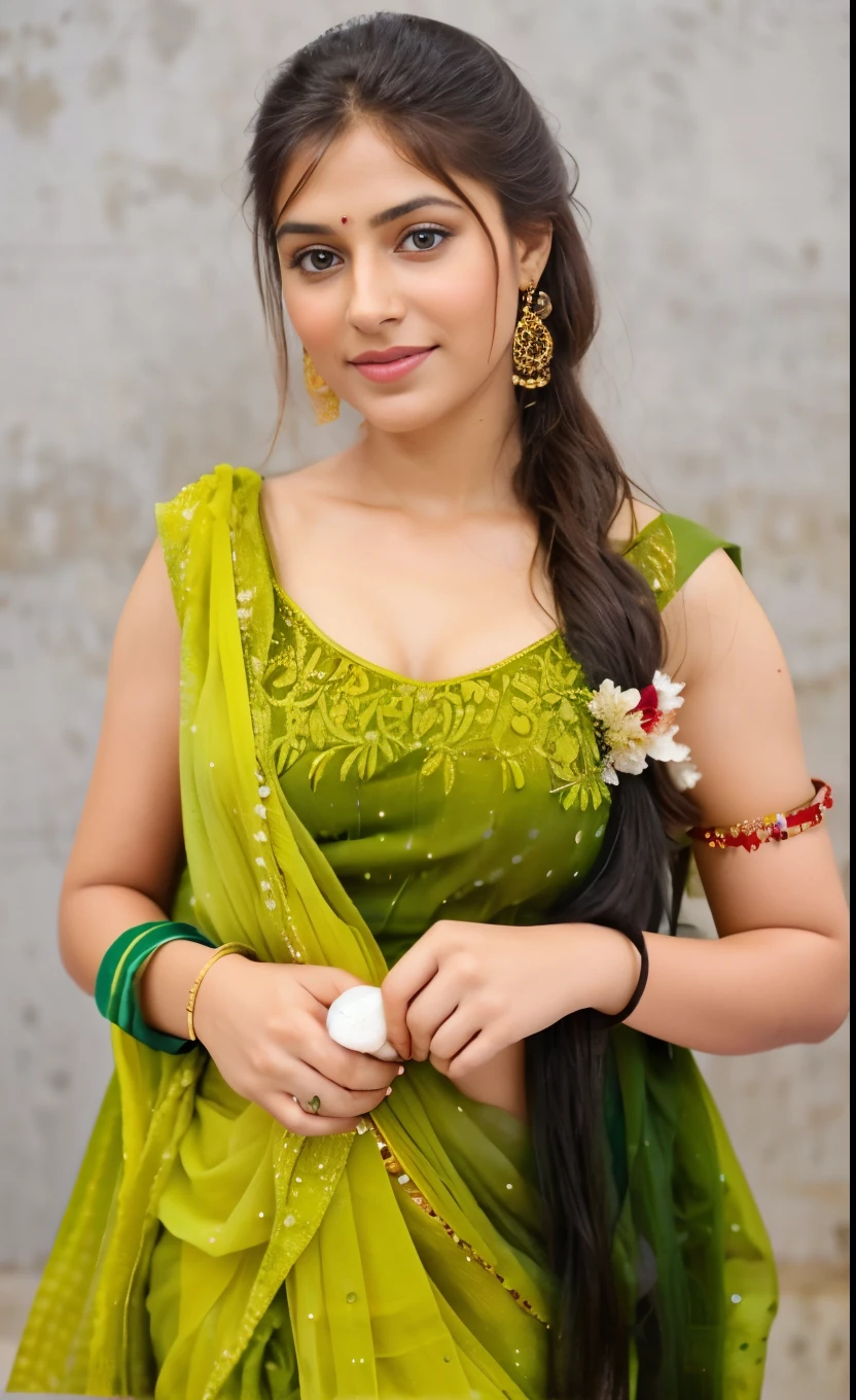 a woman in a green sari posing for a picture, traditional beauty, with lovely look, attractive girl, very beautiful girl, very beautiful enga style, young and cute girl, candid picture, very beautiful photo, very attractive and beautiful, indian, cute beautiful, attractive pose, very extremely beautiful, attractive photo, with beautiful colors, cute photo, very beautiful woman