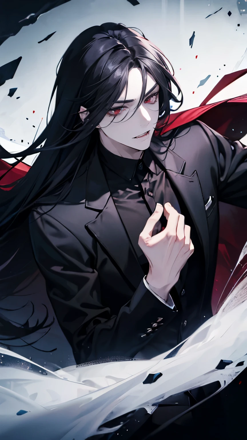 (best quality), 1man，Masculinity，One with long black hair，red eyes，vampire，Open your mouth to show your fangs，Gorgeous dark atmosphere, Wear a black suit，late night