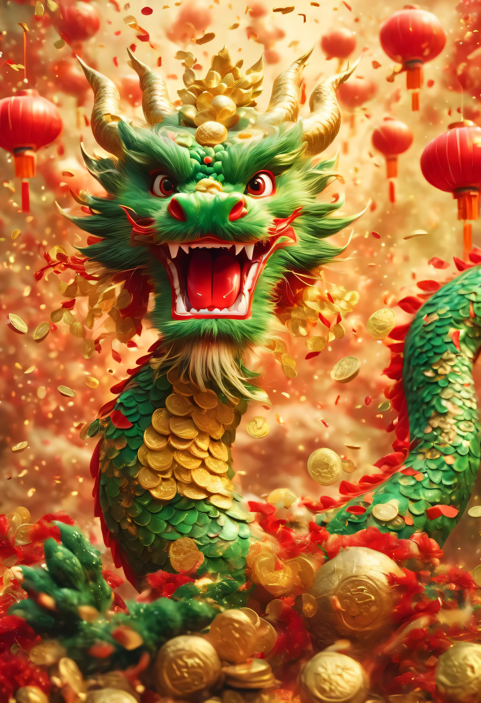 Chinese Lunar New Year has arrived，Oriental dragon close-up，big furry head，hairy body，paw。green，color。There are many gold coins in the air，Red and gold confetti flying in the sky，Gold coin rain，A strong festive atmosphere，It was very lively。symmetry，dreamy background blur