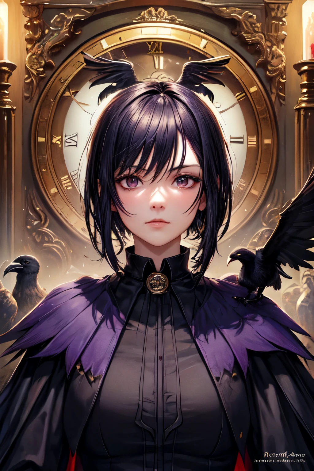 ((best quality)), ((masterpiece)), (detailed), perfect face, bloody, clock, good, ravens, crows, woman, Create a portrait image for a character named Ravenkeeper who is good in a game called Blood on the Clock. The character is a townsfolk character. The character has pet ravens.
