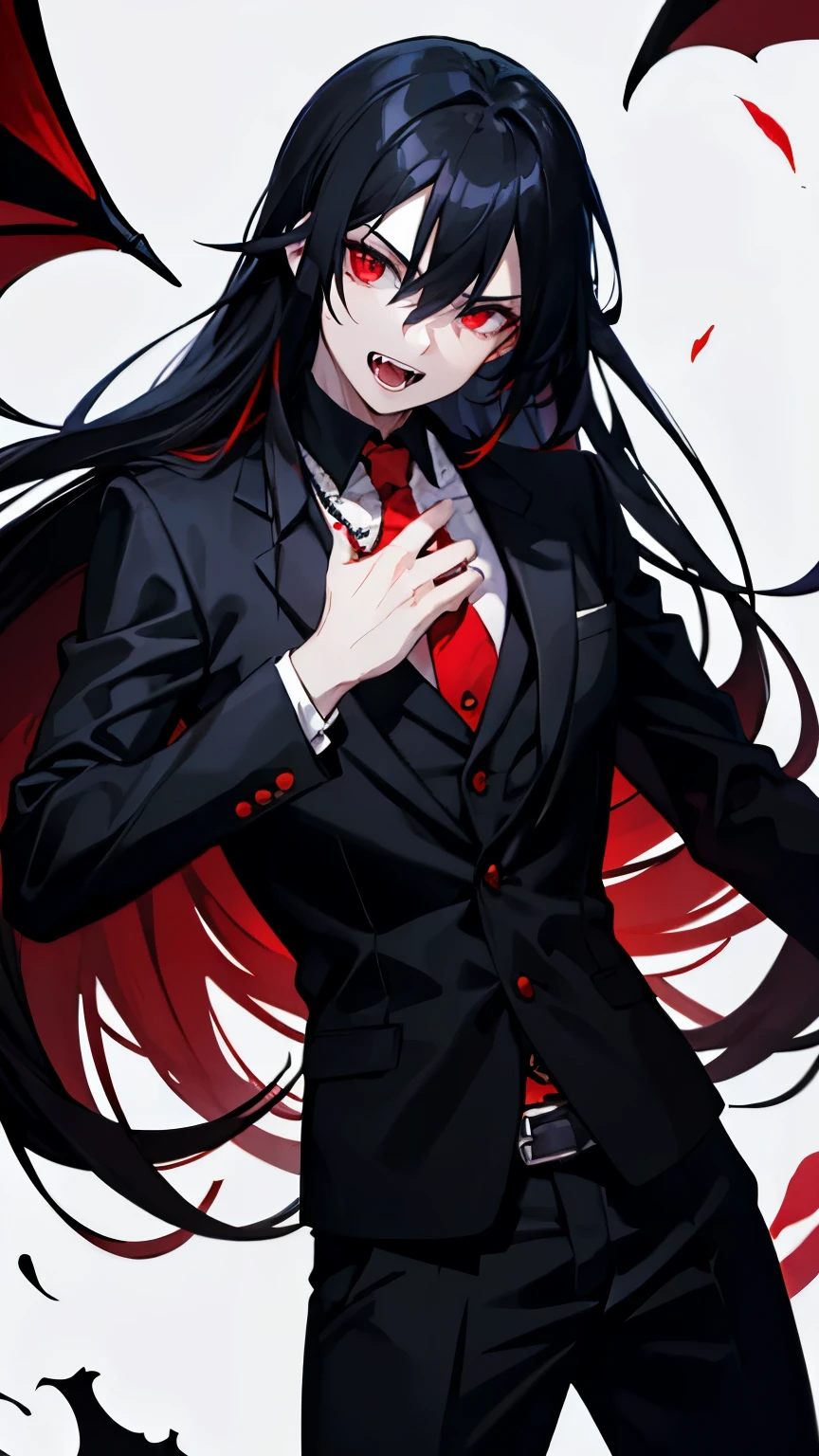 (best quality), 1man,Masculinity,One with long black hair,red eyes,vampire,Open your mouth to show your fangs,Gorgeous dark atmosphere, Wear a black suit,late night