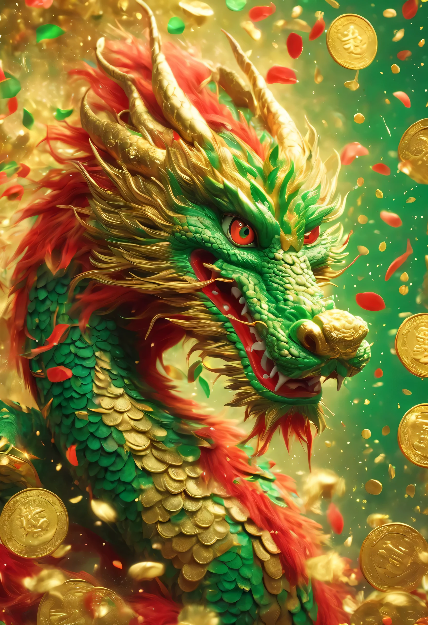new year poster design：Oriental dragon close-up，big furry head，hairy body，paw。green，color。There are many gold coins in the air，Red and gold confetti flying in the sky，Gold coin rain，A strong festive atmosphere，It was very lively。symmetry，dreamy background blur