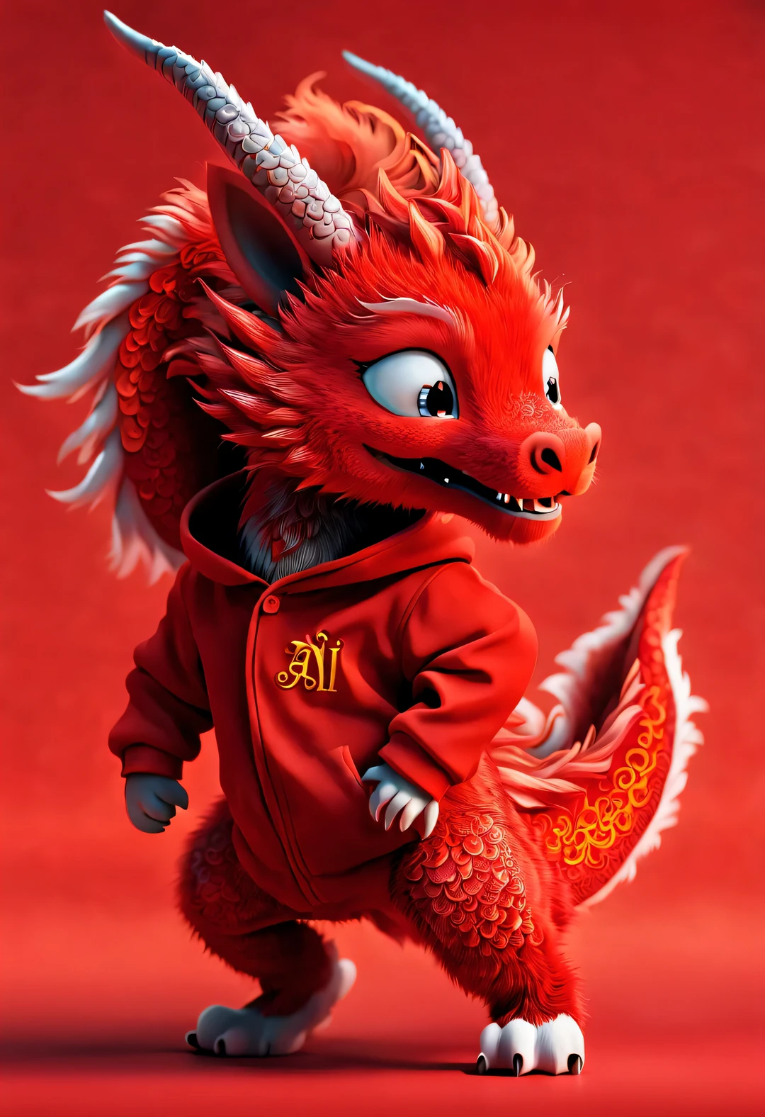 3d rendering, realistic fur, red wallpaper, Simple modern style, beautiful wallpaper, Naughty red and orange zodiac dragon baby dancing mischievously (frontal portrait), (Tilting her head and looking at the camera cutely), Beijing, 🦑 design, (wearing a hoodie), (letter embroidered hoodie "AI": 1.37),