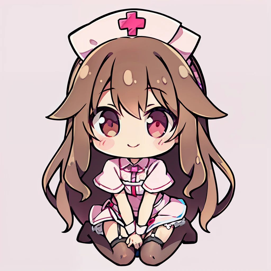 muste piece、super detailed、High quality、masterpiece、highest quality, 1 girl, light brown hair:1.5、wavy long hair、brown eyes、alone、kneel、sexy nurse uniform、garter belt、garter stockings、cross mark nurse cap、bewitching smile、{{pink background、 background:1.8}}、Full body Esbian、icon、