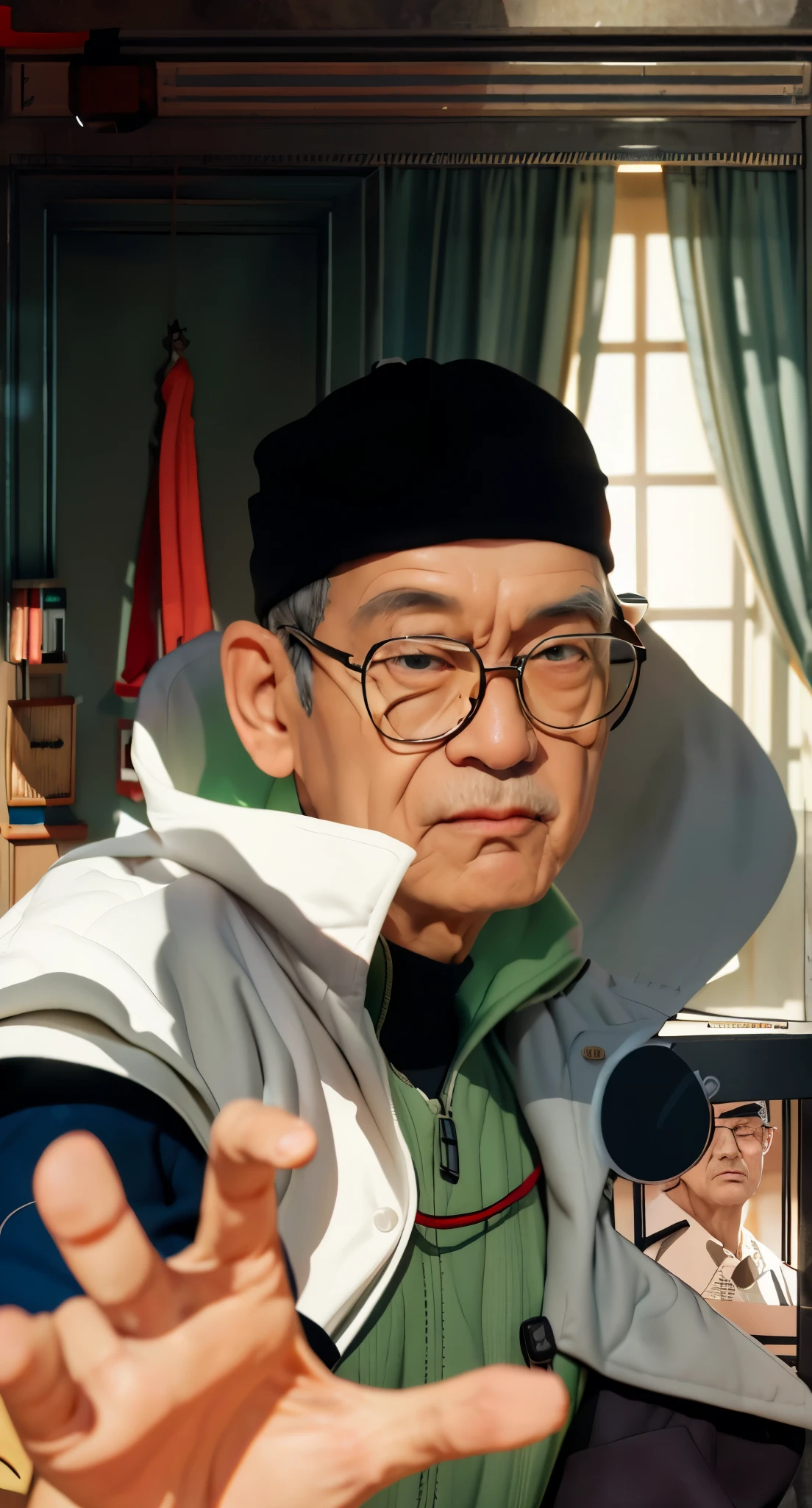 Real life adaption of this character, old man,wear realistic same outfit, wear same glasses,wear realistic black Cap on head, realistic same background,realism, hyper realistic, realistic light, realistic shadow,(photorealistic 1:2)