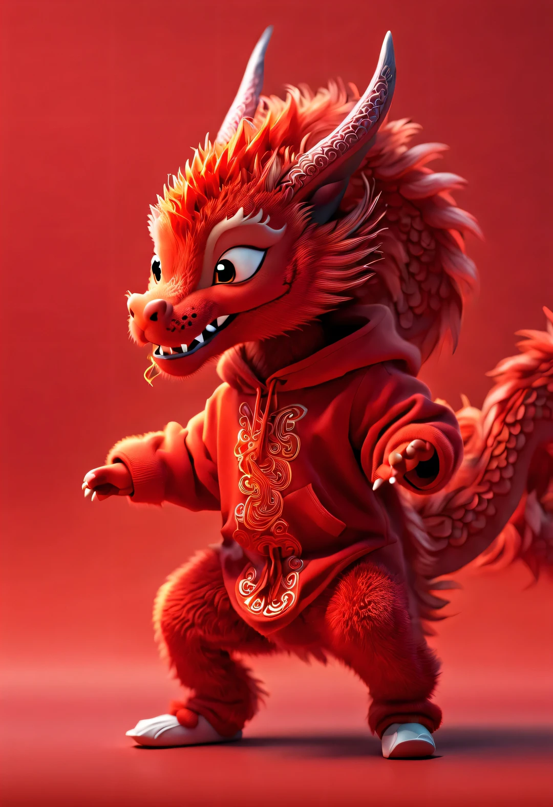 3d rendering, realistic fur, red wallpaper, Simple modern style, beautiful wallpaper, Naughty red and orange zodiac dragon baby dancing mischievously (frontal portrait), (Tilting her head and looking at the camera cutely), Beijing, 🦑 design, (wearing a hoodie), (letter embroidered hoodie "AI": 1.37),