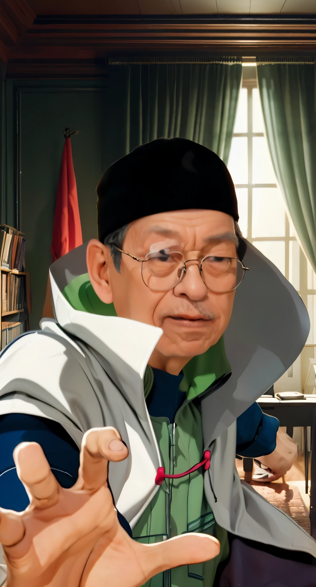 Real life adaption of this character, old man,wear realistic same outfit, wear same glasses,wear realistic black Cap on head, realistic same background,realism, hyper realistic, realistic light, realistic shadow,(photorealistic 1:2)