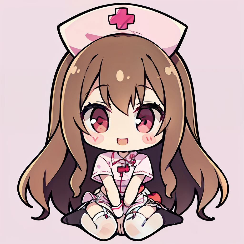 muste piece、super detailed、High quality、masterpiece、highest quality, 1 girl, light brown hair:1.5、wavy long hair、brown eyes、alone、kneel、sexy nurse uniform、garter belt、garter stockings、cross mark nurse cap、bewitching smile、{{pink background、 background:1.8}}、Full body Esbian、icon、