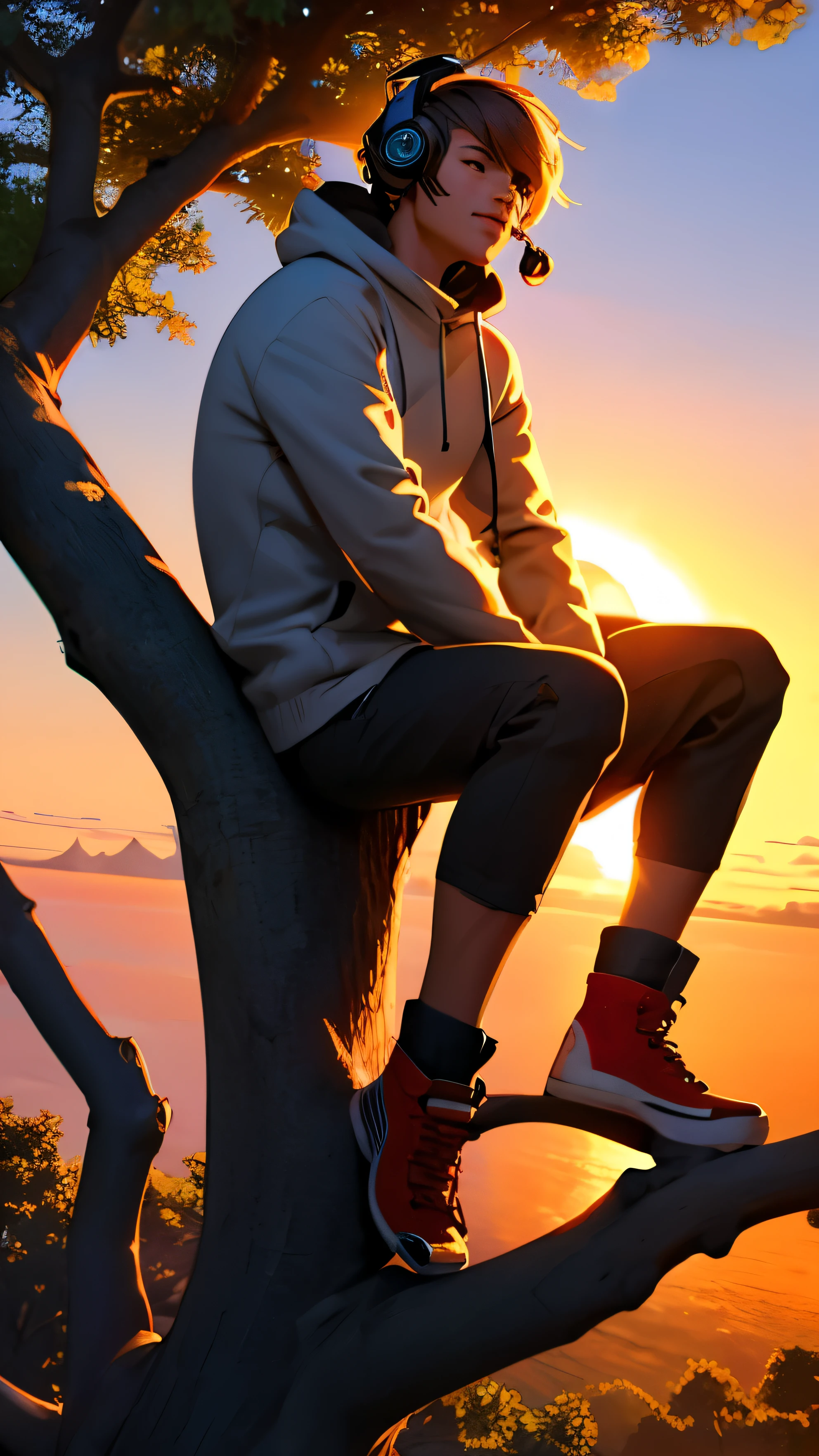 Sunset, 1man, headphones, sitting on the tree
