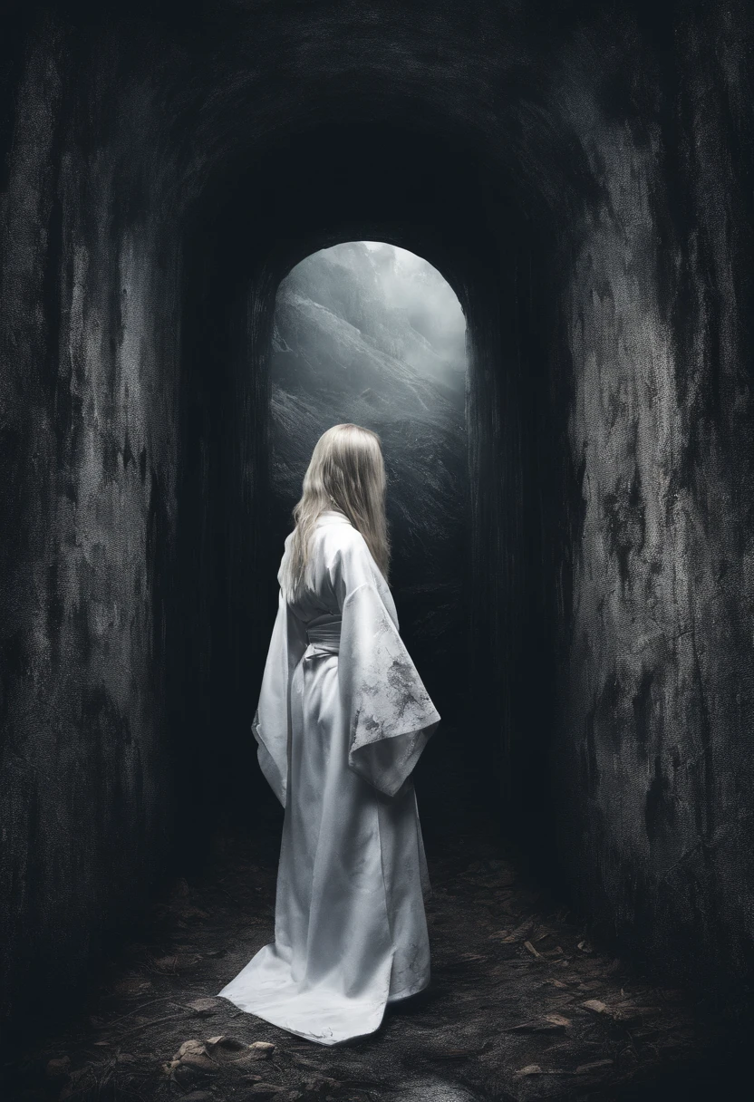 A woman with long hair and a white kimono whose face cannot be seen stands in the middle of a dimly lit tunnel deep in the mountains.、