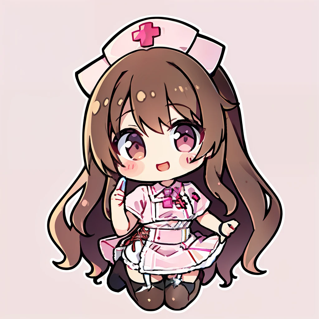 muste piece、super detailed、High quality、masterpiece、highest quality, 1 girl, light brown hair:1.5、wavy long hair、brown eyes、alone、kneel、sexy nurse uniform、garter belt、garter stockings、cross mark nurse cap、bewitching smile、{{pink background、 background:1.8}}、Full body Esbian、icon、