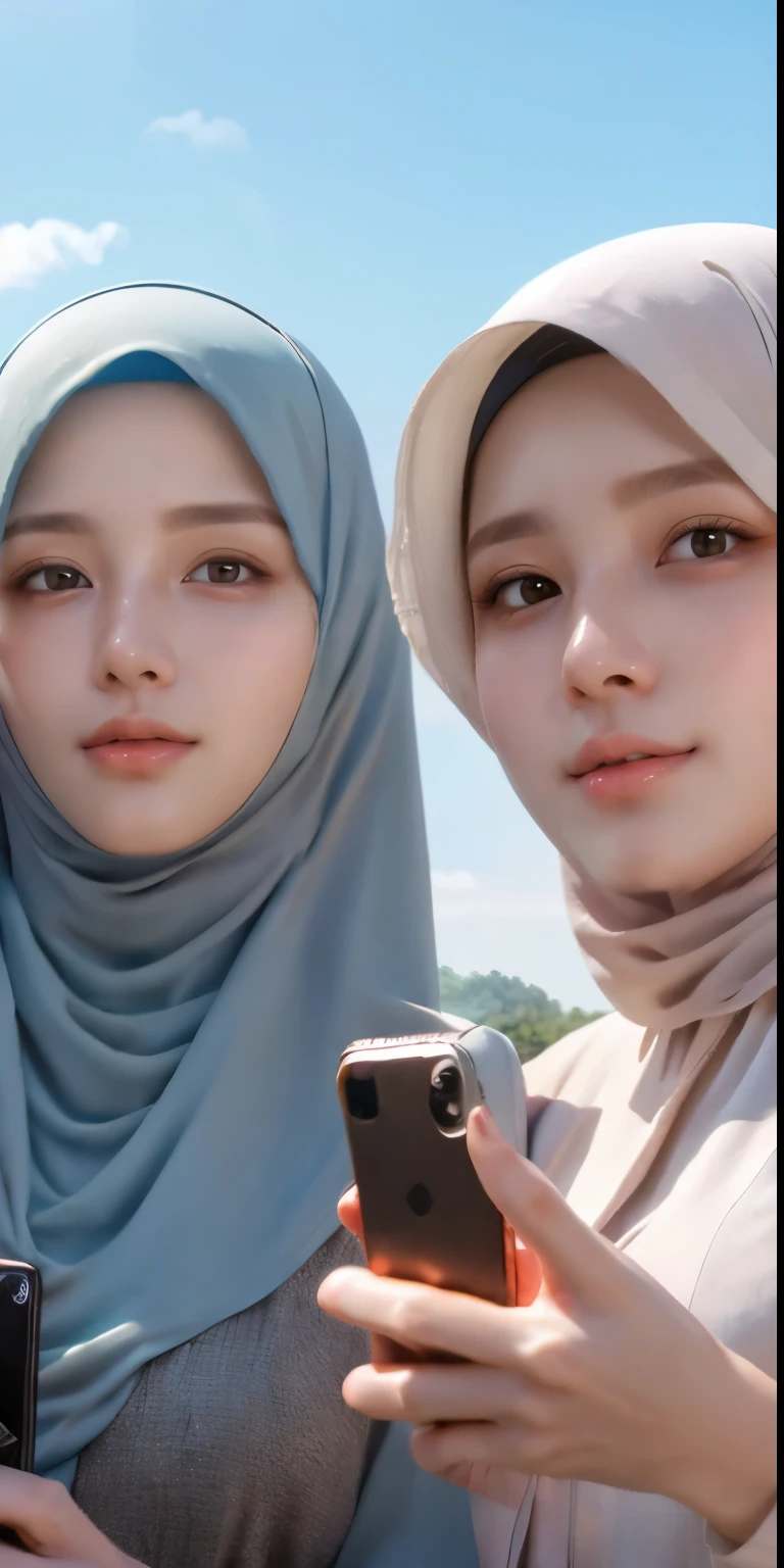 masutepiece, Best Quality, Illustration, Ultra-detailed, finely detail, hight resolution, 8K Wallpaper, Perfect dynamic composition, Multiple people,hijab nude, (3 girls taking photos), Girls holding smartphone cameras, Beautiful detailed eyes, Natural Lip, Wear hijab moslem, Muslim gamis clothing, fancy jubba thobbe, photo full body, view of the blue sky, close-up photo, Girls holding smartphone cameras, show your big tits, people hijab, all the girls were holding big smartphone cameras.