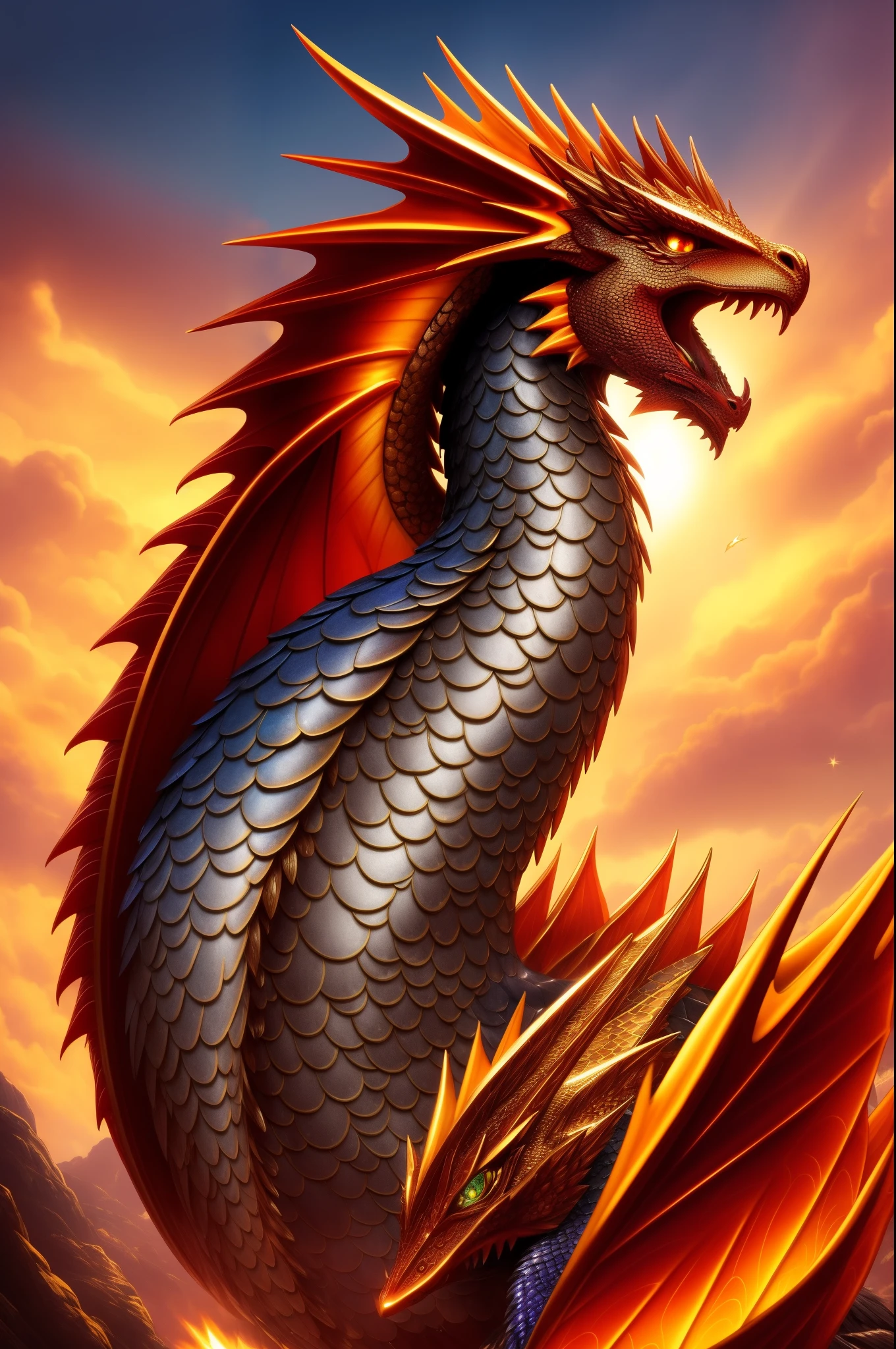 Create a powerful dragon with scales shimmering in vibrant colors, sharp focus on its piercing red eyes, intricate details in every feather and layer of armor-like skin. Its massive wings are spread wide, catching the sunlight and casting dazzling light rays. The dragon's fiery breath emits a fierce, angry roar, as if ready for an action shot. With each deep breath, its enormous chest heaves, revealing the impressive depth of field and cinematic lighting that brings it to life. The dragon's golden mane is shiny and glossy, adding to its regal appearance as the masterpiece of a highly skilled, detailed fantasy illustrator. This fantasia realista artwork is