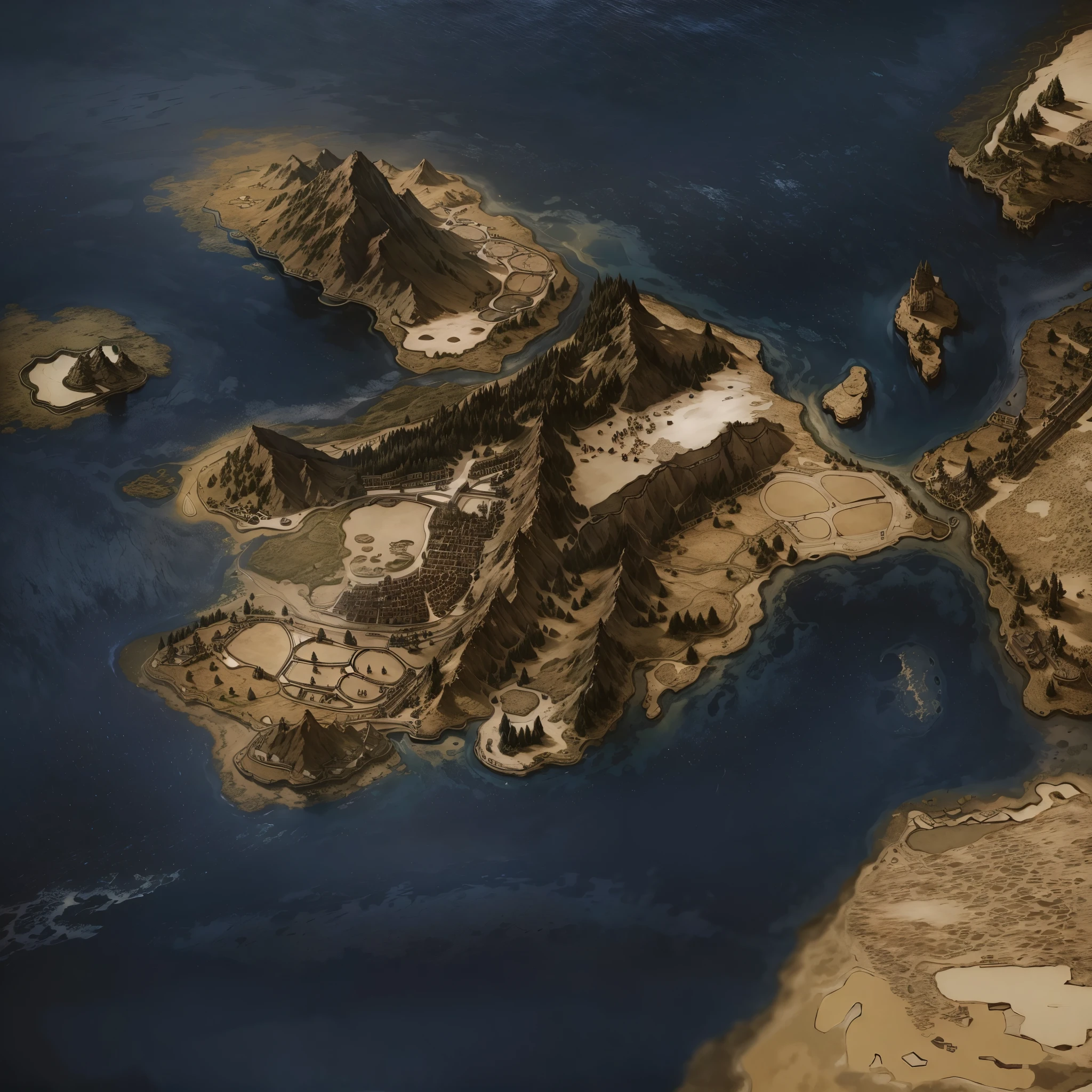 highest quality，world map，RPG game map，((overlooking angle))，((floor plan))，(((hand drawn style)))，land，mountains，forest，ocean，islands，field，river，village，city wall