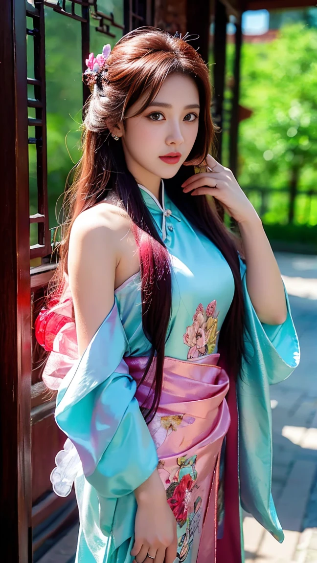 Long rose pink hair,aqua glass eyes,There is a braid on the left side,China costume,Chinese style,anime style