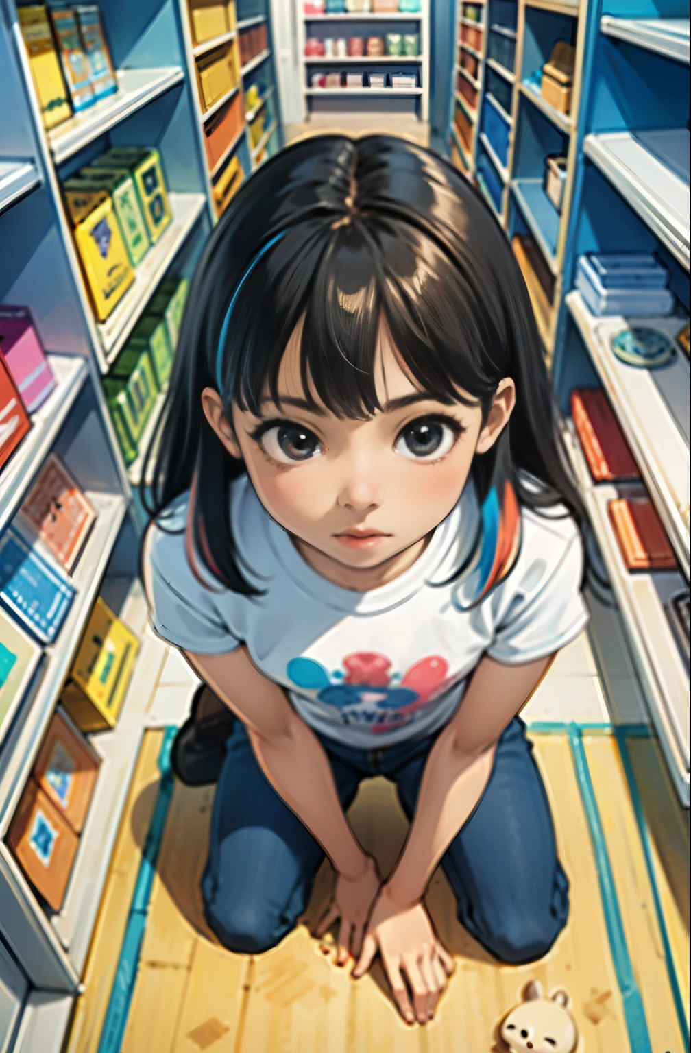 (masterpiece, highest quality), (colorful:1.4), From above, alone, One girl crouching on the ground in a store with a lot of stuffed animals on the shelves, Depth of bounds written,whole head,Pinky T-shirt,cute,