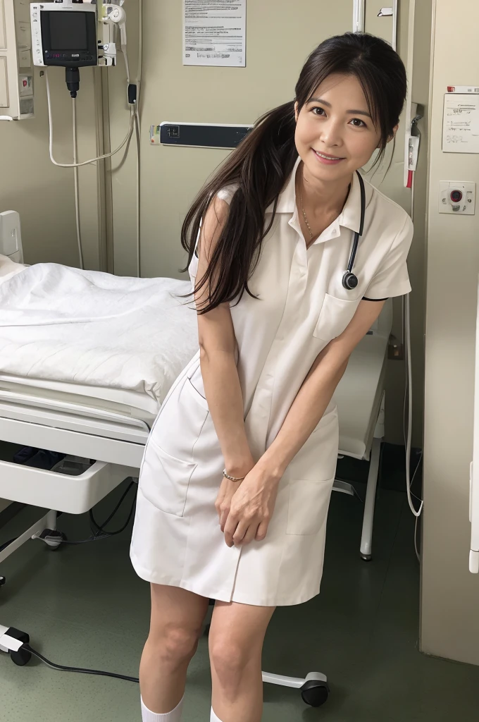 masterpiece, best quality, 16K, hospital, operating room, old woman, interior photo, glad, smiling, (legs spread), (m legs), (squatting), front view, long hair, ponytail, black hair, eyes open, (large breasts:1.32), (wrinkles corners eyes:1.32), (nasolabial:1.32), (old skin:1.32), freckled skin, wrinkles skin, pale skin, (old muscles:1.2), plump, {(nurse), ((breast pocket)), ((collared dress)), ((short dress:1.48)), ((short sleeves)), ((thighs)), (white dress), (white headwear), (white sandals), ((stethoscope))}, beauty mark, 65-year-old, old, elderly, japanese, inside, in the hospital, with a operating table, in the afternoon, real person, ultra realistic photo, nsfw, full body shot, from front, front view