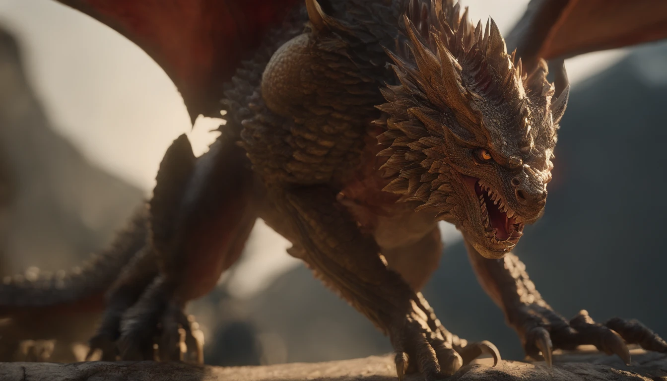 Golden Tenrou,Sharp red eyes,Release of blood fire close-up from the nose,Chest scales,high high quality,8K,a lot of details,Fire salad,alas,4 legs,Spotted claws,gold,Danger,Fires,sharp teeth,Big Dragon,immensity,menacing,imposing
