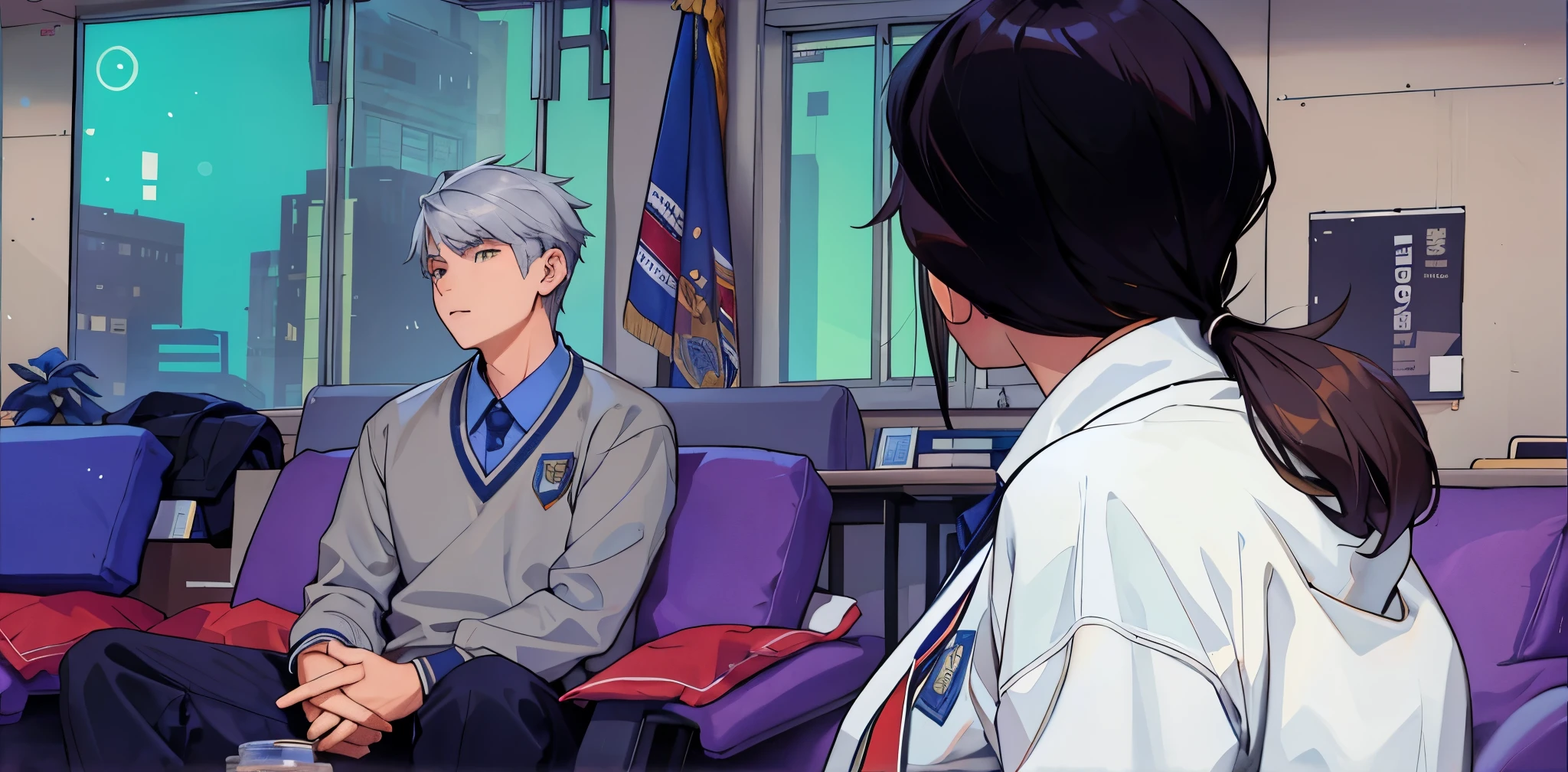 There is a 16-year-old silver-haired young man sitting on a sofa in the high school administration. In the other room there is a 40-year-old woman, she is the principal.