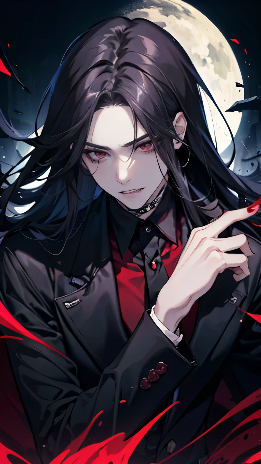 (best quality), 1man,Masculinity,One with long black hair,red eyes,vampire,Open your mouth to show your fangs,Gorgeous dark atmosphere, Wear a black suit,late night