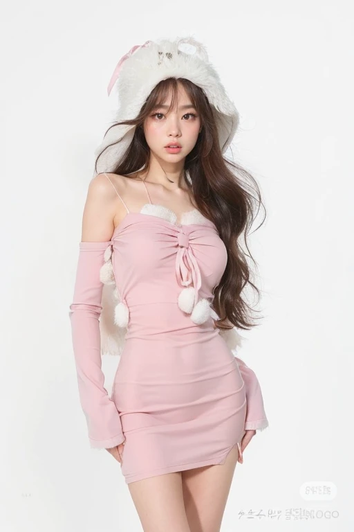 a close up of a woman in a vestido rosa and a white hat, ultrarealistic sweet conejita, Disfraz femenino Minimal BodyCon, cuerpo de chicle, modelo de moda femenina coreana, vestido rosa, bella delfina, en vestido, cuerpo rosa, vestido sexy, foto de modelo chica delgada, ropa rosa, tono de piel rosa pastel, ulzzang, conejita