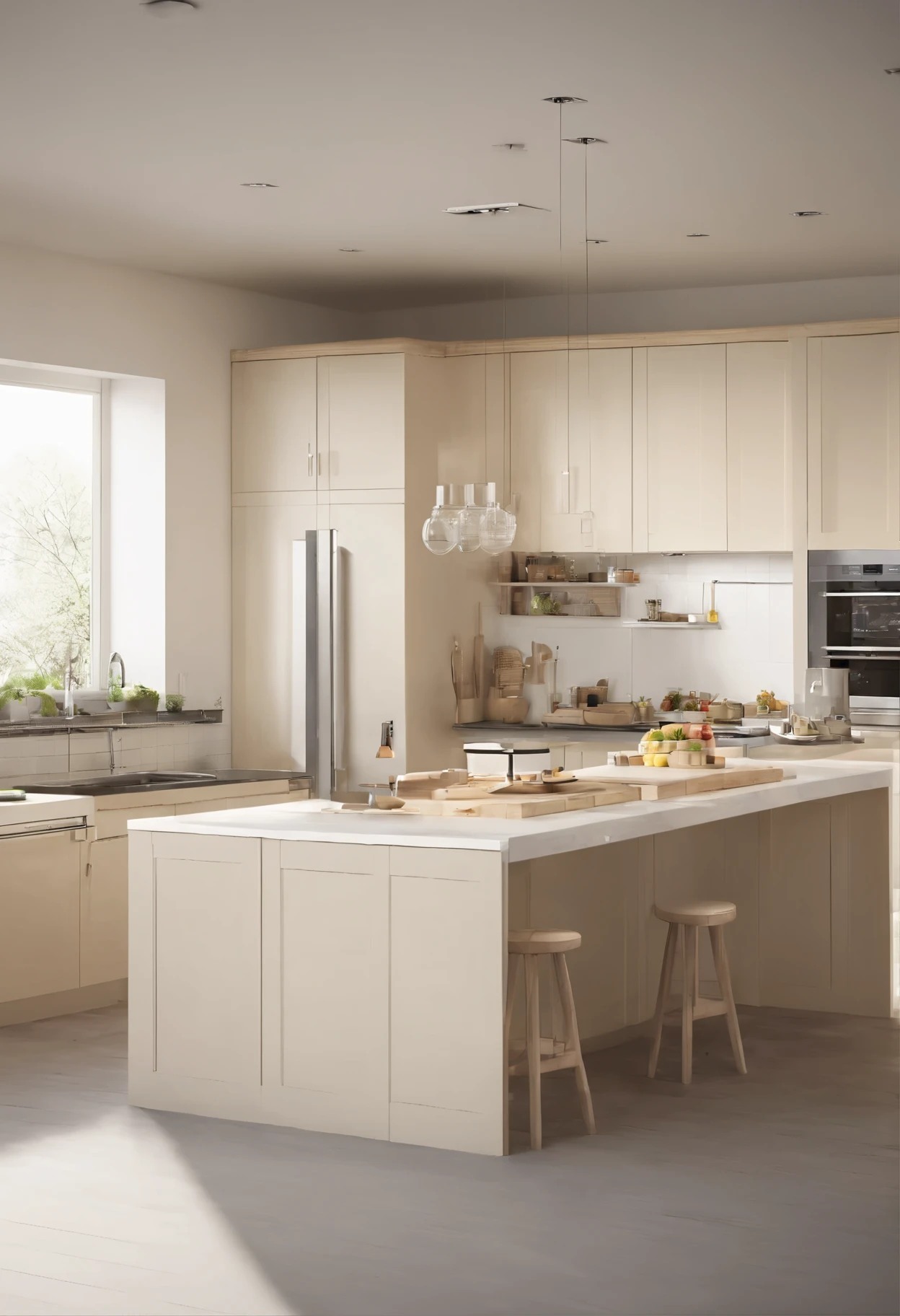 Cream style kitchen, depth of field, Perfect color correction. Super detailed, beautiful, Extremely detailed, intricate details, editorial photo, Shot with a 50mm lens, depth of field, tilt blur, Shutter speed 1/1000, lightmap,

