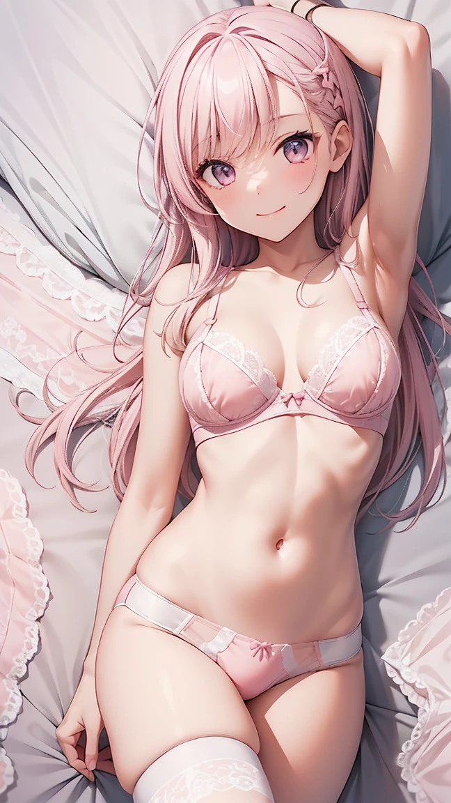 muste piece、highest quality、High resolution、nffsw、perfect pixel、1 girl、cute、perfect body、anatomically correct、beautiful eyelashes, realistic eyes、smile、((white and pink lace bra))、((white and pink lace panties))、Wearing only underwear、Smooth texture:0.75、blue sky outdoors、I can see your panties、Bra visible、Overall bright、cinematic light