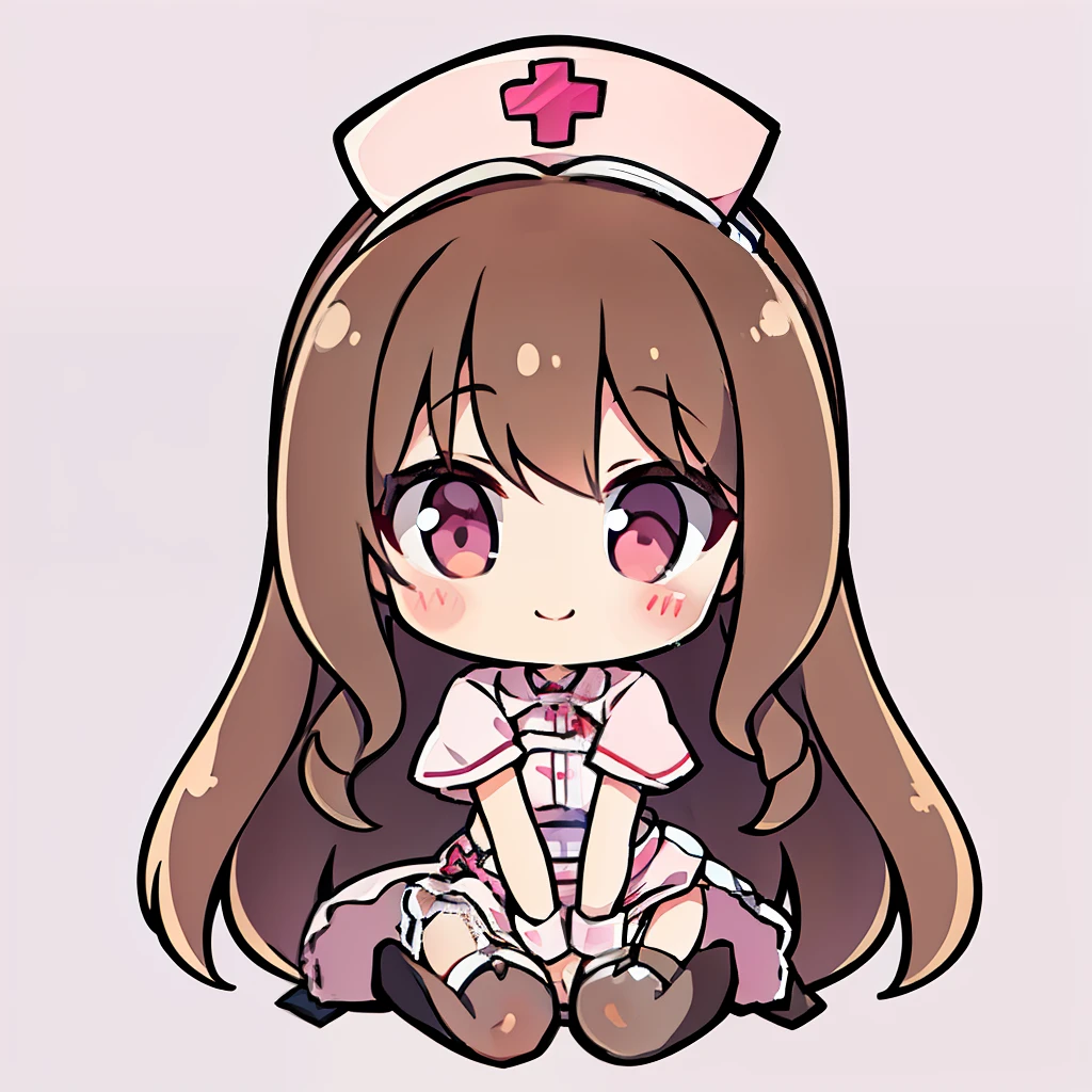 muste piece、super detailed、High quality、masterpiece、highest quality, 1 girl, light brown hair:1.5、wavy long hair、brown eyes、alone、kneel、sexy nurse uniform、garter belt、garter stockings、cross mark nurse cap、bewitching smile、{{pink background、 background:1.8}}、Full body Esbian、icon、