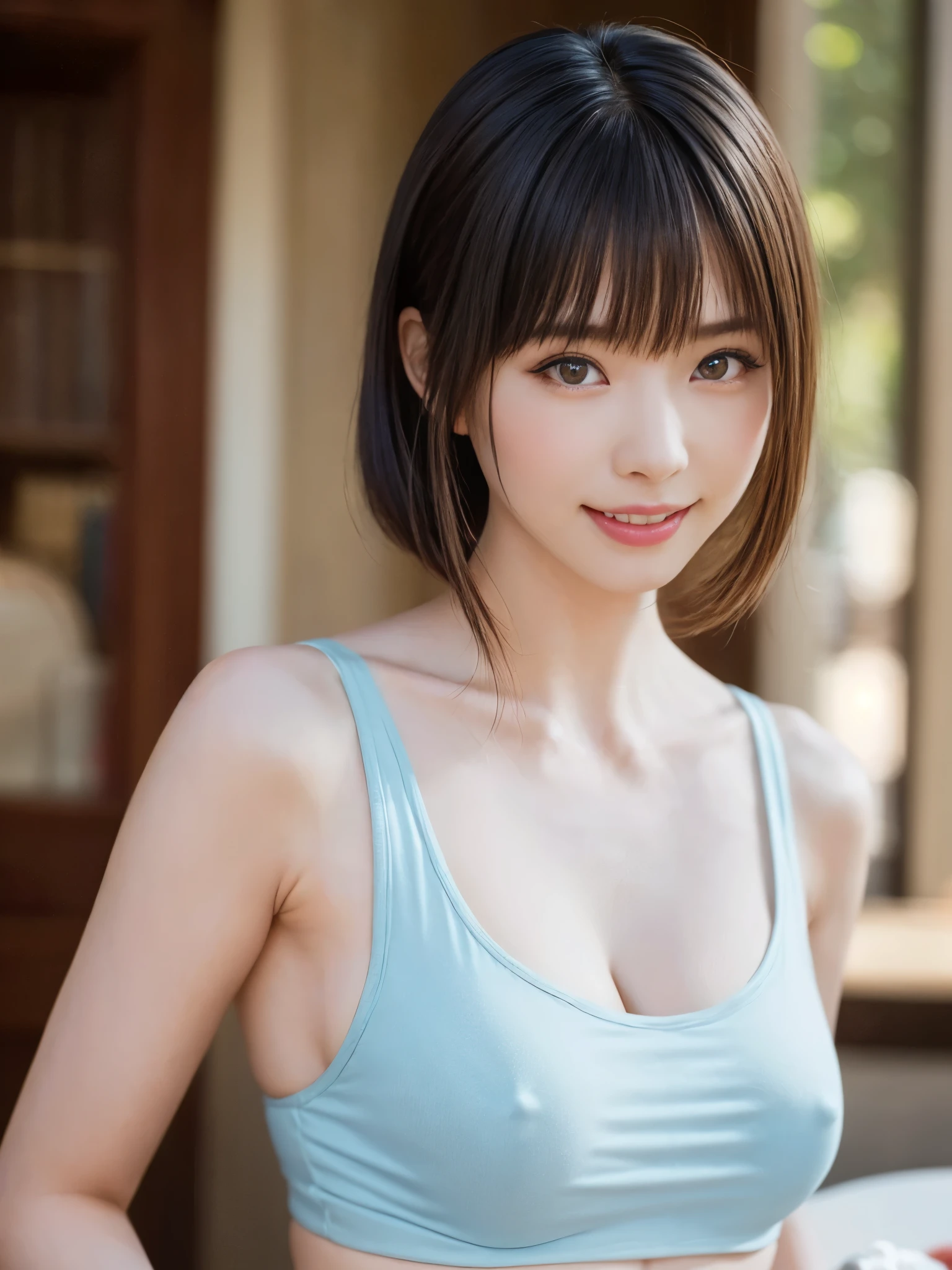 A close up of a woman in a blue top posing for a picture - SeaArt AI