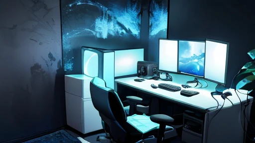 (best quality,masterpiece:1.4),detailed,super fine illustration,((background only)),inside streaming and bedroom,(ultra wide shot),sense of openness,blue neon,gray wallpaper,blue rug,gaming chair,white desk,gaming pc,(2 monitor),white gaming keyboard,black mousepad,white gaming mouse,microphone,hot coffee,game controller,single bed,gray blanket.