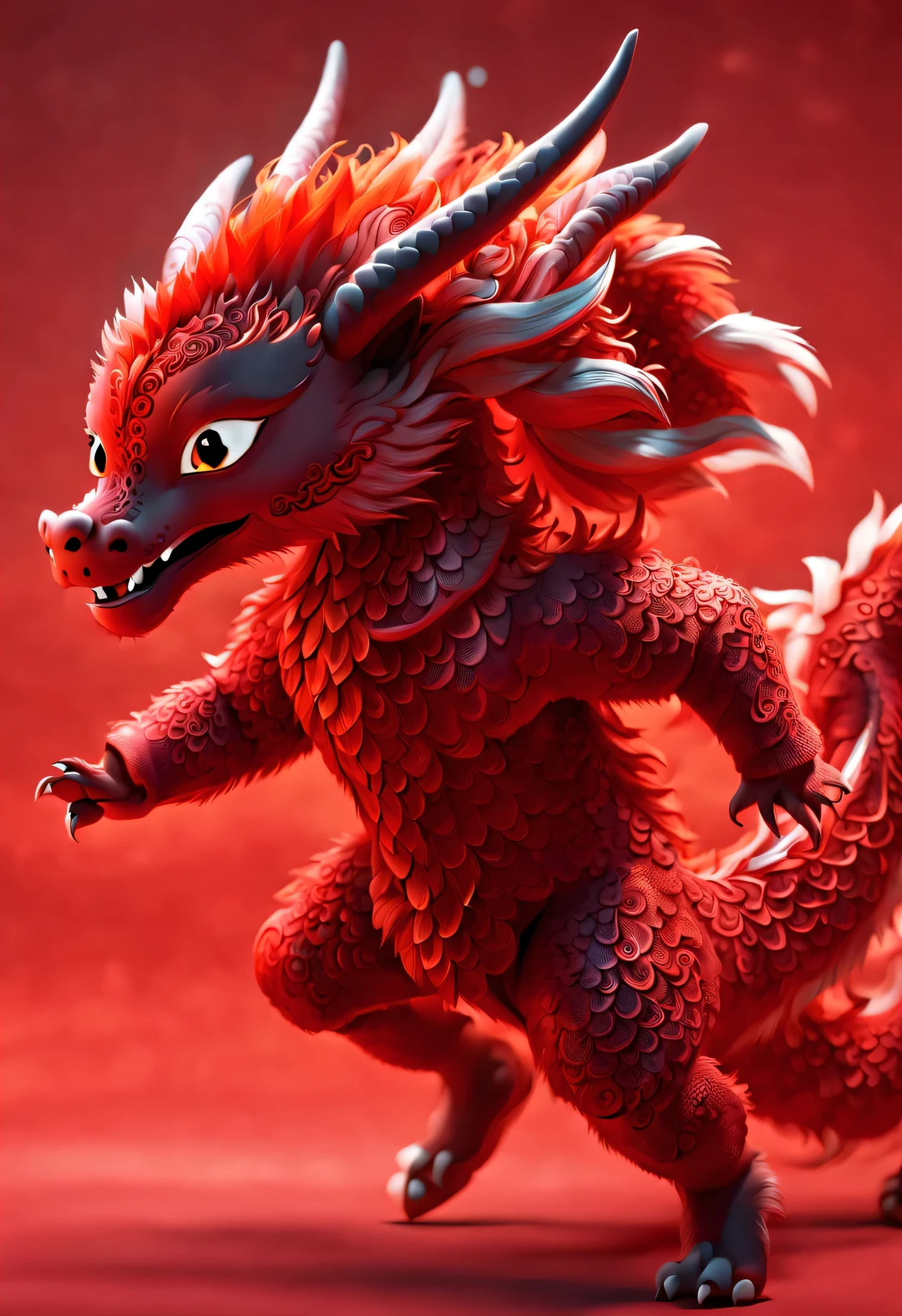 3d rendering, realistic fur, red wallpaper, Simple modern style, beautiful wallpaper, Naughty red and orange zodiac dragon baby dancing mischievously, looking at camera, Beijing, 🦑 design, (frontal portrait), (tilted head cute looking at camera:0.85) , (Wearing an embroidered hoodie), ((Lettering printed on hoodie "Haiyi Artificial Intelligence": 1.37) )