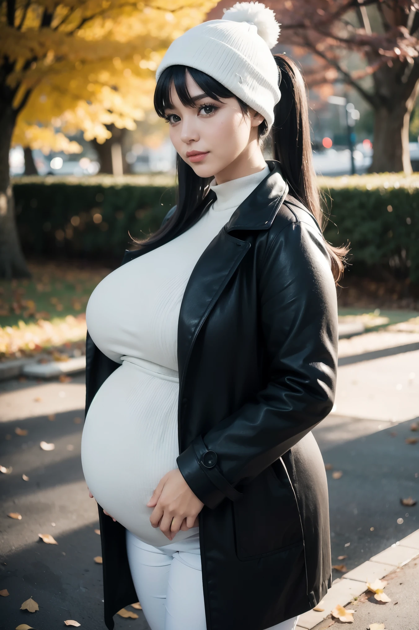 Beautiful sensual woman with a curvy body, black hair, bangs, twintail, widest waist, fitting breasts, curvy huge pregnant, 40 weeks pregnant, pregnant with triplets, accentuated booty, sparkling olive-green eyes, long eyelashes, thick thighs, Strong calves, smirk, taniaayusiregar, She wears a brown wool Coat, white jeans, brown belt, black beanie, she waits in a park, photorealistic, Masterpiece, bokeh, Volumetric lighting, Fall season atmosphere